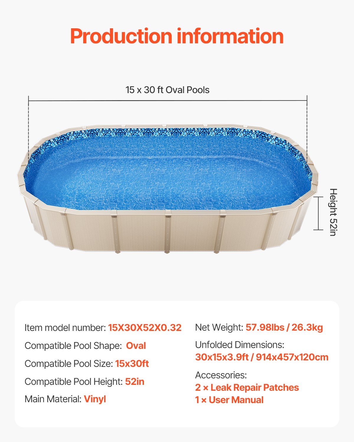 Oval Pool Liner 15x30ft Unibead Style Pool Liner 52in Vägghöjd