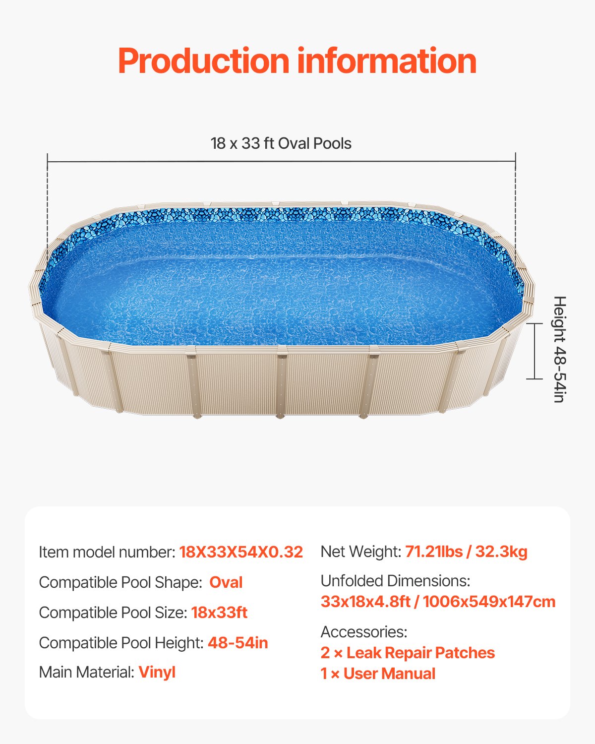 Oval Pool Liner 18x33ft Overlapp Style Pool Liner 54in Vägghöjd