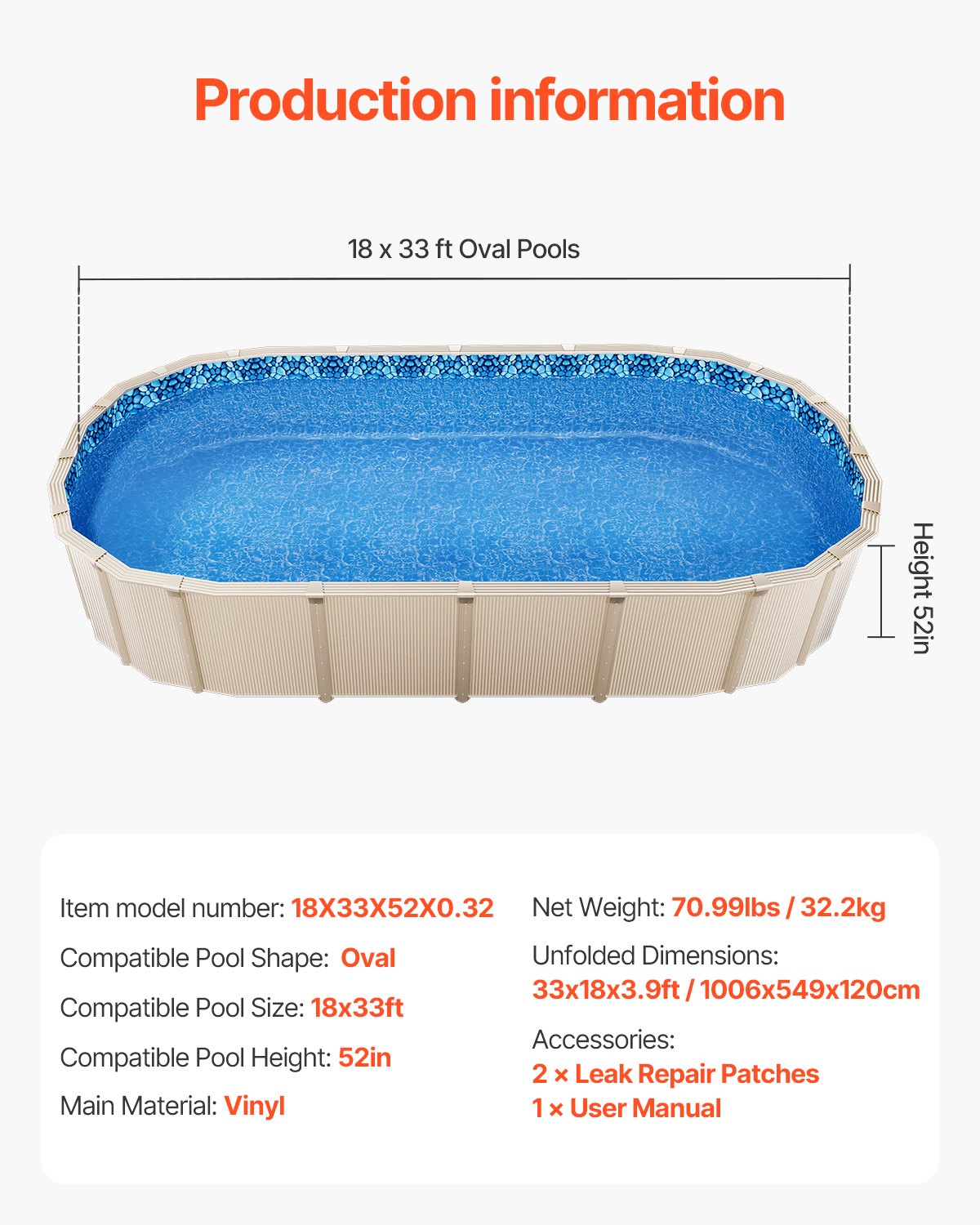 Oval Pool Liner 18x33ft Unibead Style Pool Liner 52in Vägghöjd