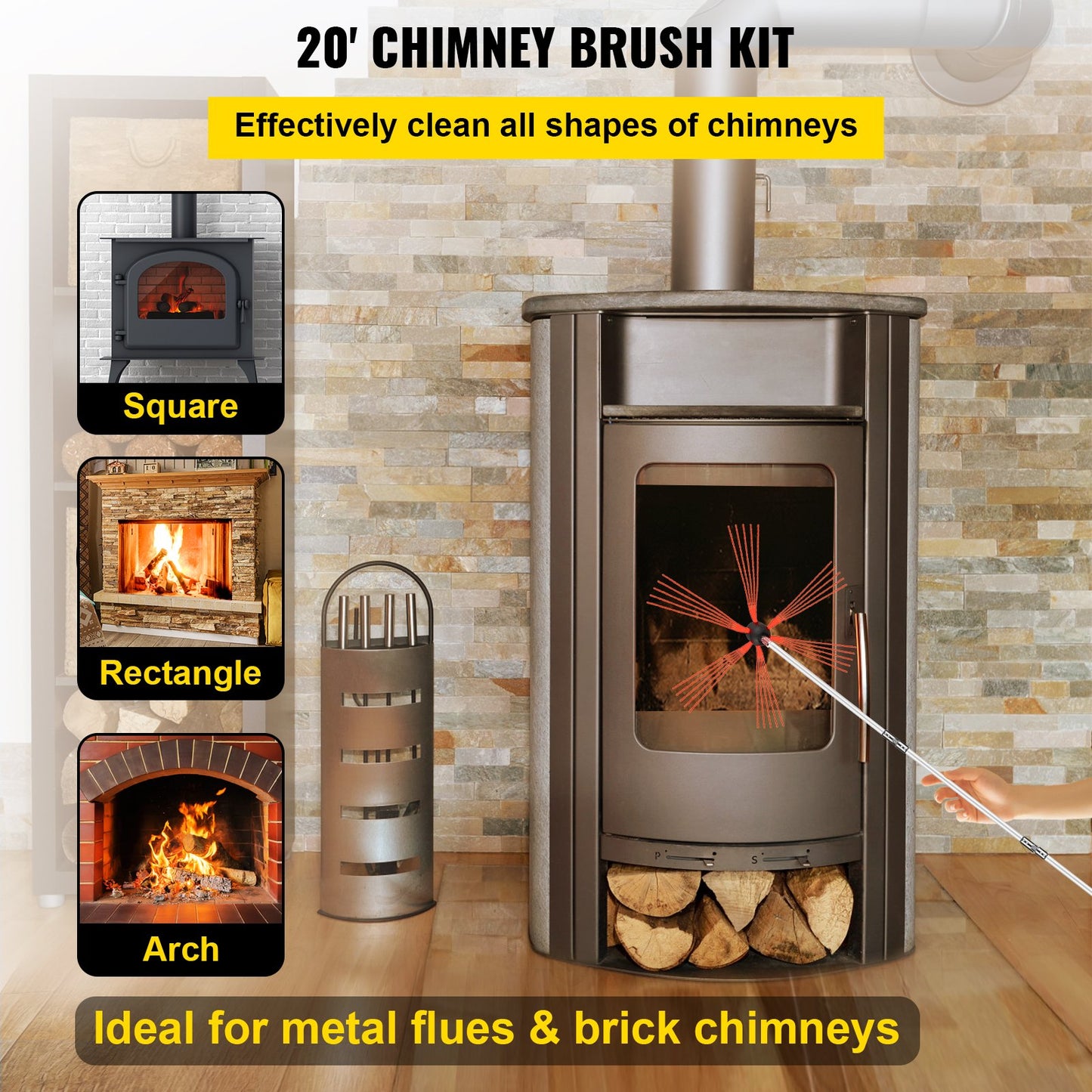 Flexible Chimney Sweep Rods, 20FT Chimney Cleaning Kit, Nylon Chimney Sweeper Chimney Cleaning Kit Flexible Brush Head Chimney Sweep Rods Easy to Connect Chimney Brush with 6 White Rods