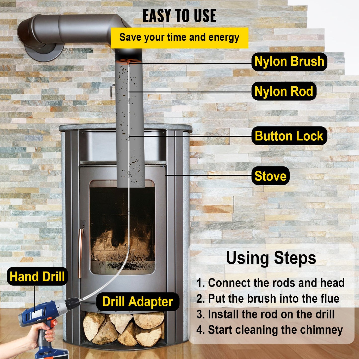 Flexible Chimney Sweep Rods, 20FT Chimney Cleaning Kit, Nylon Chimney Sweeper Chimney Cleaning Kit Flexible Brush Head Chimney Sweep Rods Easy to Connect Chimney Brush with 6 White Rods