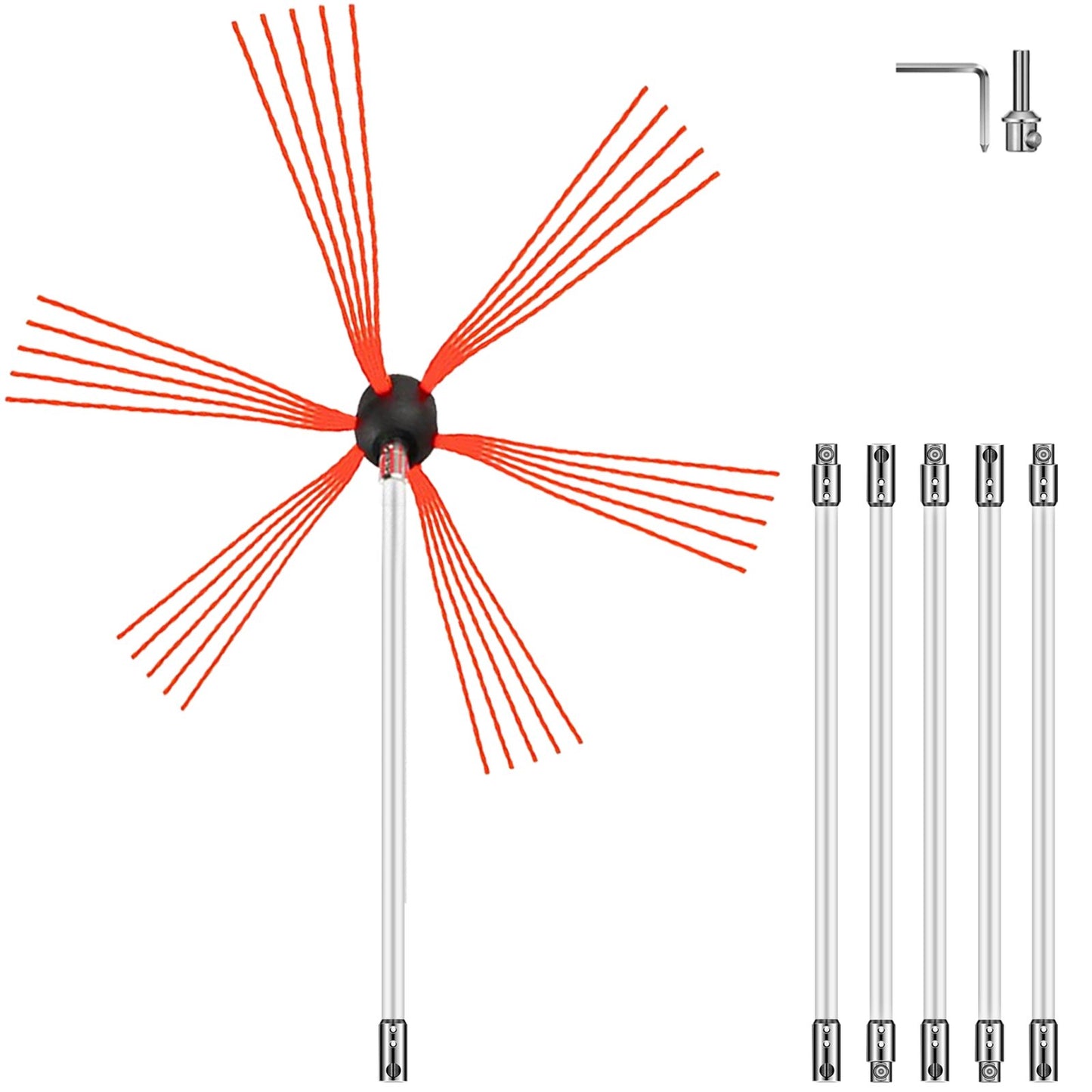 Flexible Chimney Sweep Rods, 20FT Chimney Cleaning Kit, Nylon Chimney Sweeper Chimney Cleaning Kit Flexible Brush Head Chimney Sweep Rods Easy to Connect Chimney Brush with 6 White Rods