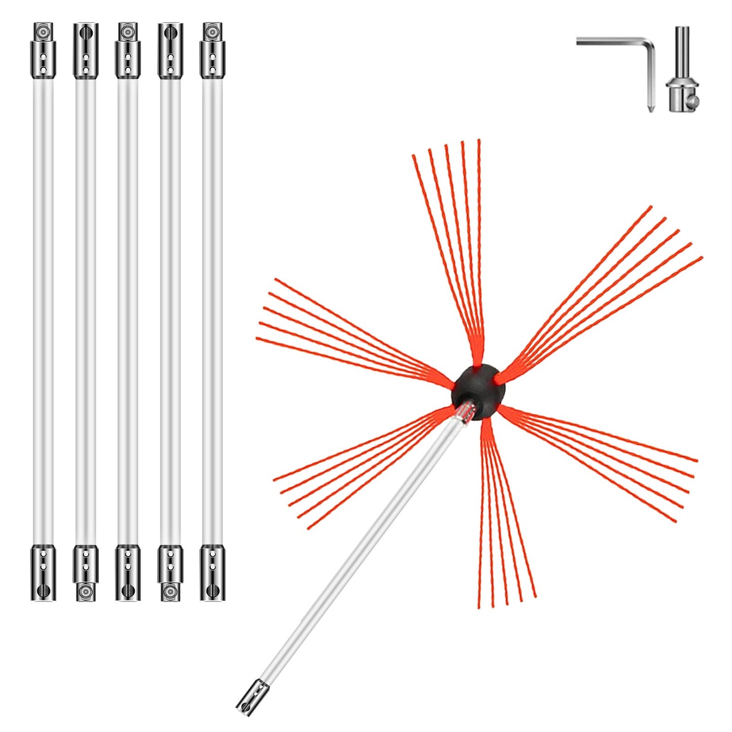 Flexible Chimney Sweep Rods, 20FT Chimney Cleaning Kit, Nylon Chimney Sweeper Chimney Cleaning Kit Flexible Brush Head Chimney Sweep Rods Easy to Connect Chimney Brush with 6 White Rods