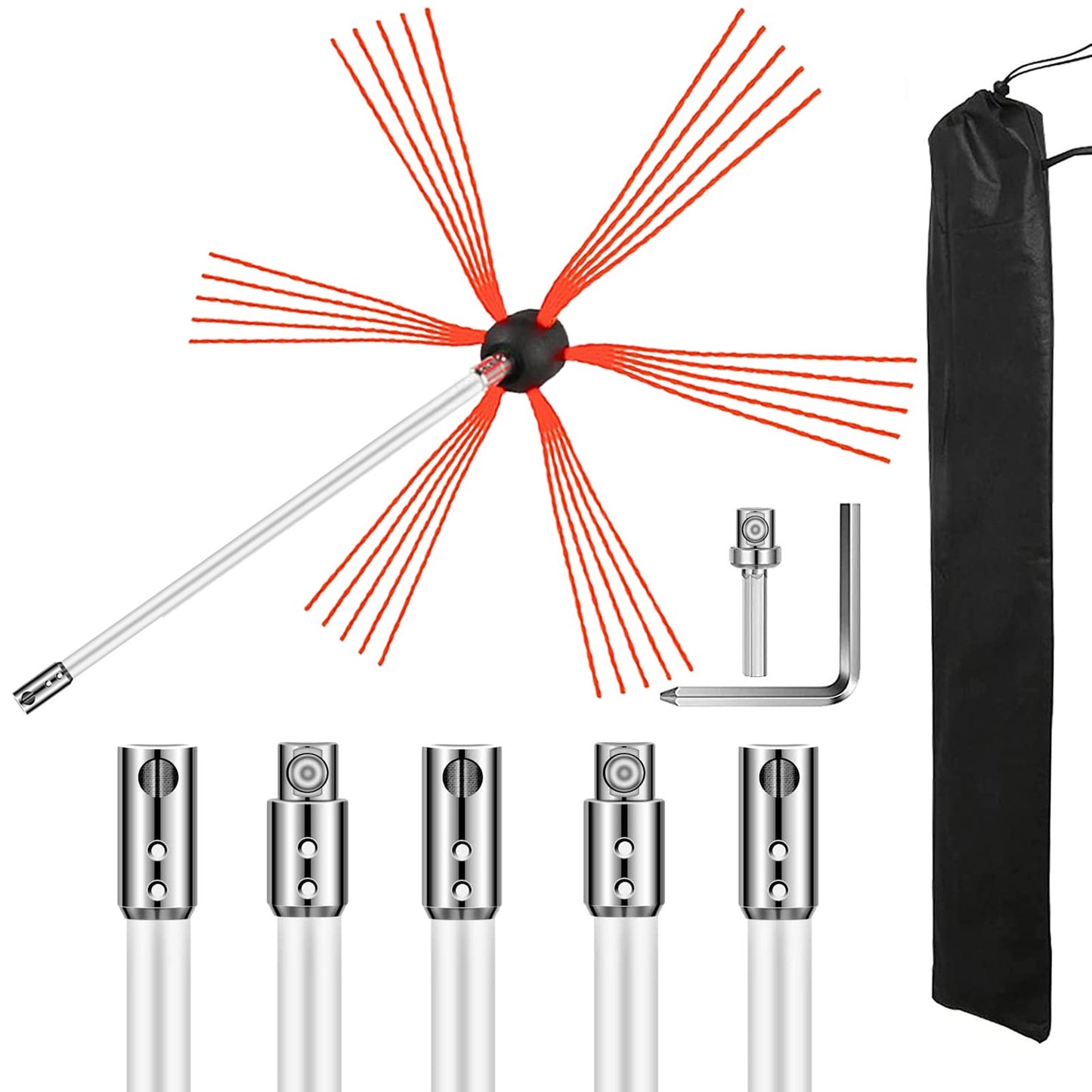 Flexible Chimney Sweep Rods, 20FT Chimney Cleaning Kit, Nylon Chimney Sweeper Chimney Cleaning Kit Flexible Brush Head Chimney Sweep Rods Easy to Connect Chimney Brush with 6 White Rods