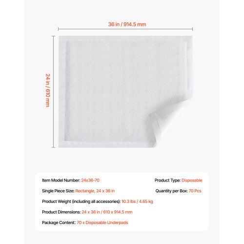 Engångsunderlägg 24" x 36" Inkontinensunderlägg 70-pack Sängvätningsdyna | EU