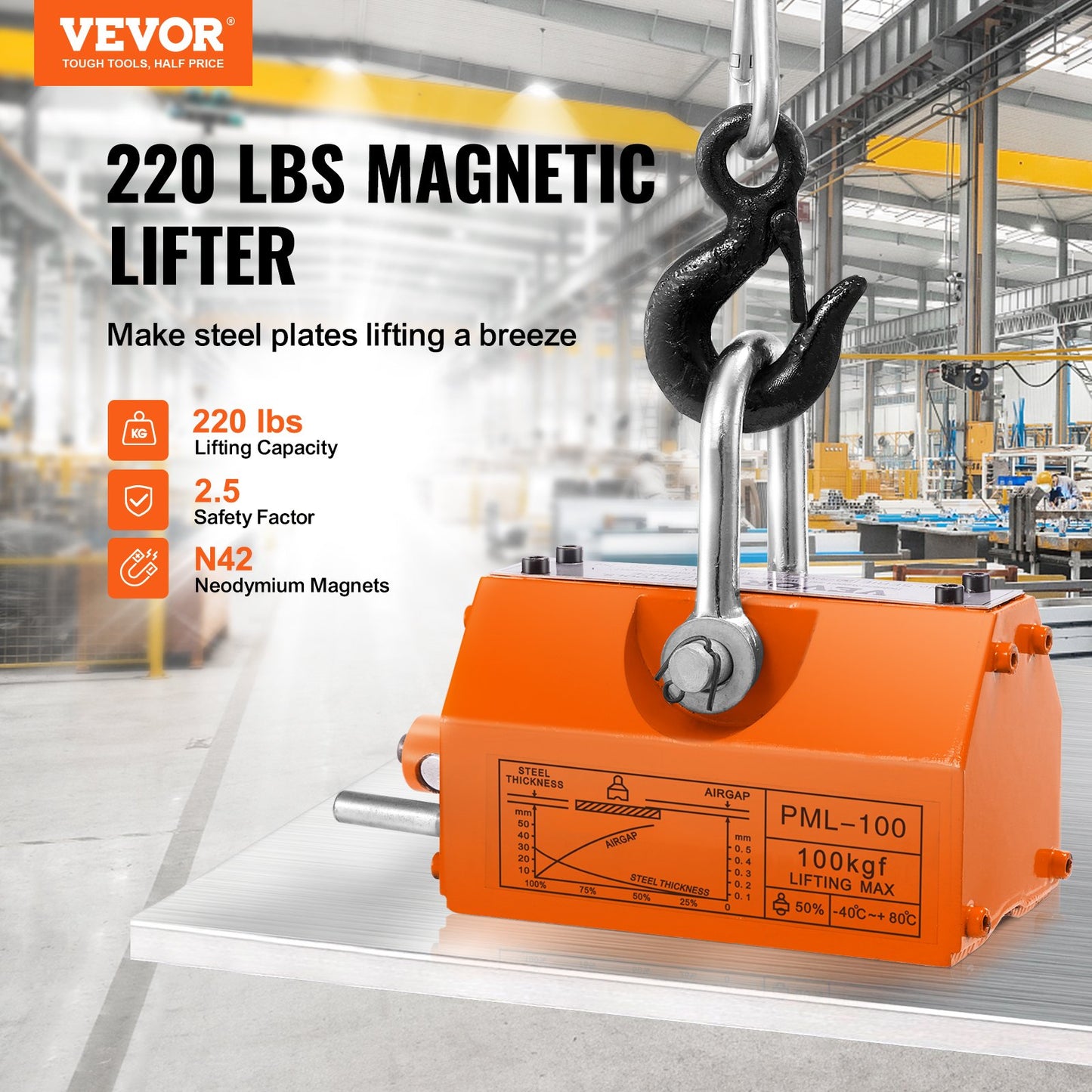 Magnetic Lifter, 220 lbs/100 kg dragkapacitet, 2,5 säkerhetsfaktor, neodym och stål, lyftmagnet med frigöring, permanenta lyftmagneter, kraftig magnet för lyftanordning, butikskran, block, bräda