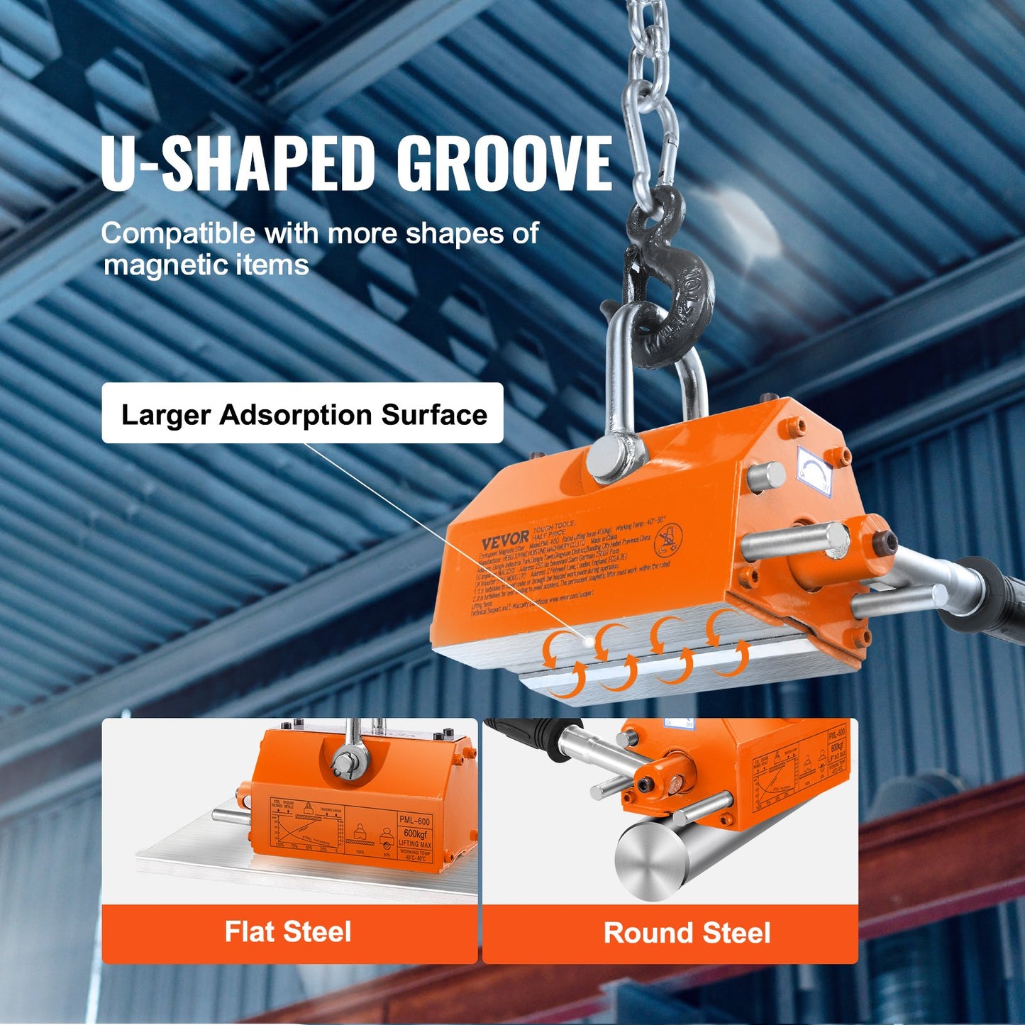 Magnetic Lifter, 1320 lbs/600 kg pulling capacity, 2.5 safety factor, neodymium and steel, lifting magnet with release, permanent lifting magnets, powerful magnet for lifting device, shop crane, block, board