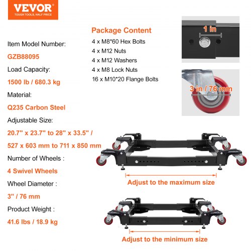 Mobile Base, 1500 lbs Kapacitet, Justerbar från 20,7" x 23,7" till 28" x 33,5", Heavy Duty Universal Mobile Base Stand med 4 svängbara hjul, för träbearbetningsutrustning, bandsåg, elverktyg, maskin | EU