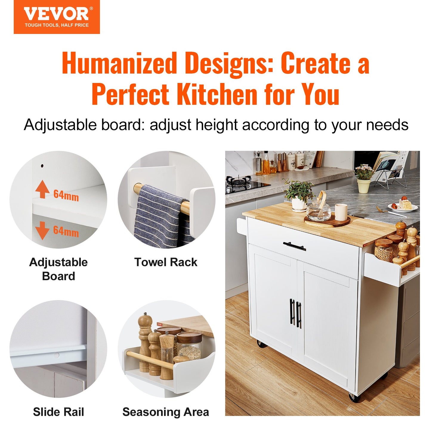 Kitchen Island Cart with Solid Wood Top, 35.4" Wide Mobile Carts with Storage Cabinets, Rolling Kitchen Table with Spice Rack, Towel Rack, Drop Leaf and Drawer, Portable Islands on Wheels, White