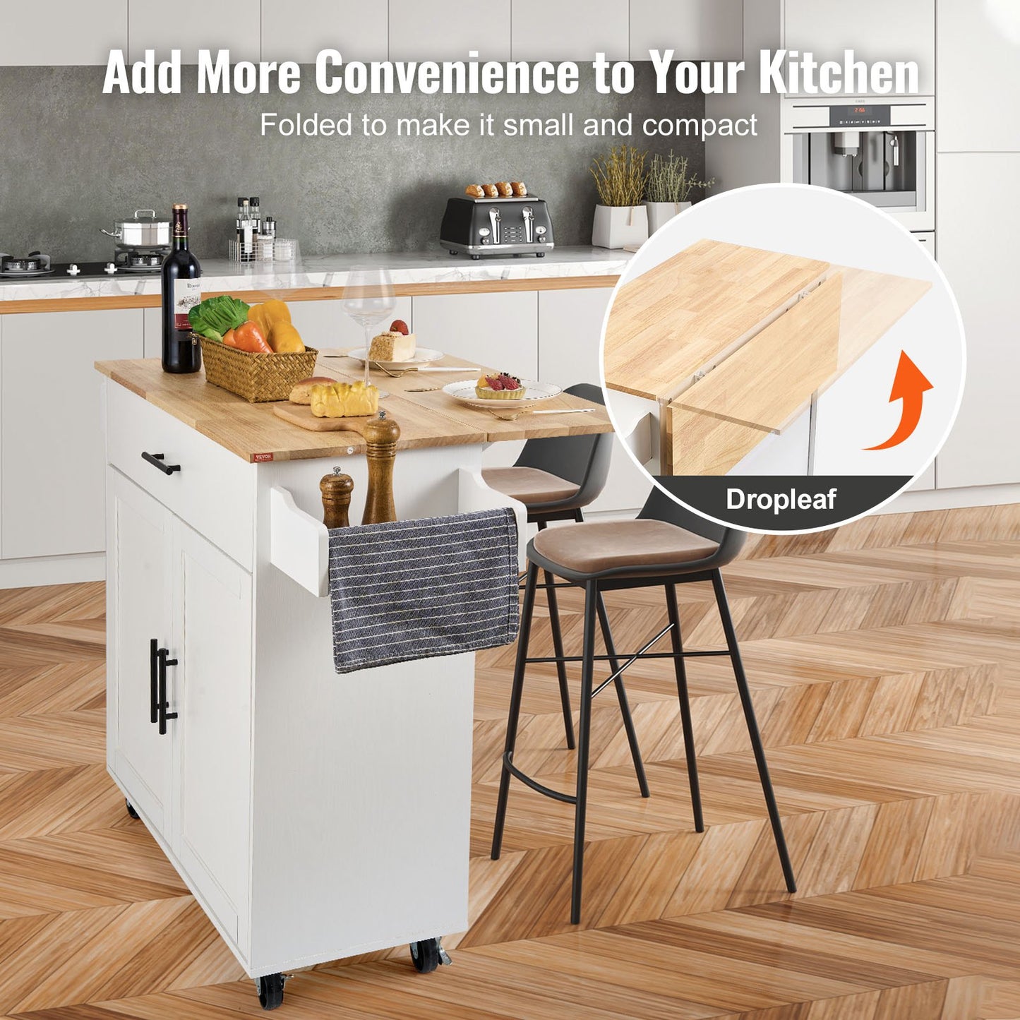 Kitchen Island Cart with Solid Wood Top, 35.4" Wide Mobile Carts with Storage Cabinets, Rolling Kitchen Table with Spice Rack, Towel Rack, Drop Leaf and Drawer, Portable Islands on Wheels, White