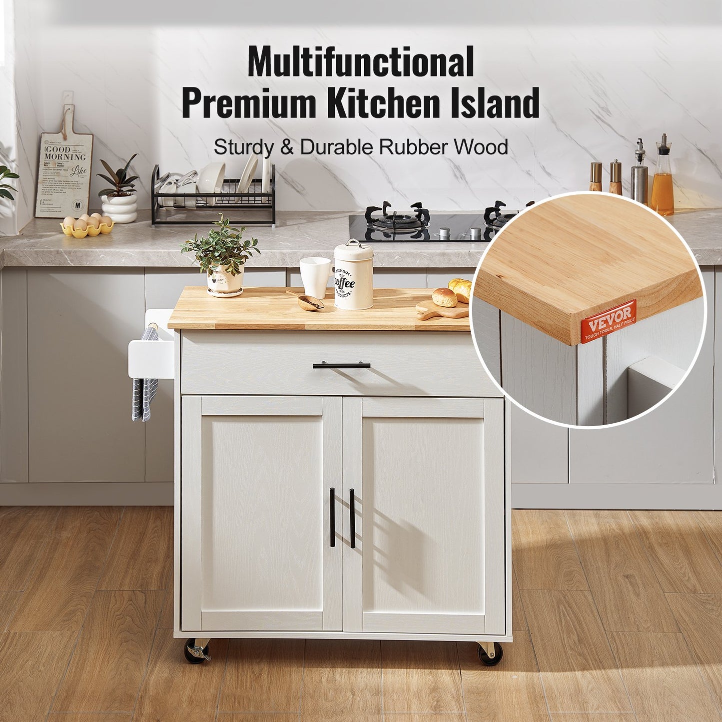 Kitchen Island Cart with Solid Wood Top, 35.4" Wide Mobile Carts with Storage Cabinets, Rolling Kitchen Table with Spice Rack, Towel Rack, Drop Leaf and Drawer, Portable Islands on Wheels, White