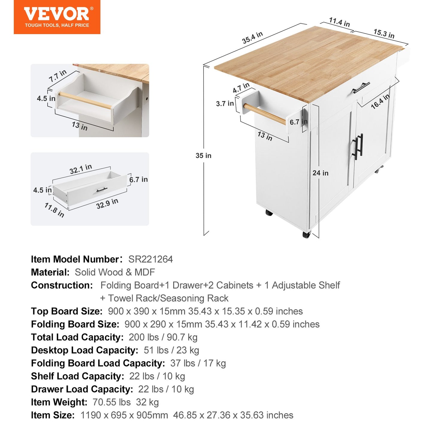 Kitchen Island Cart with Solid Wood Top, 35.4" Wide Mobile Carts with Storage Cabinets, Rolling Kitchen Table with Spice Rack, Towel Rack, Drop Leaf and Drawer, Portable Islands on Wheels, White