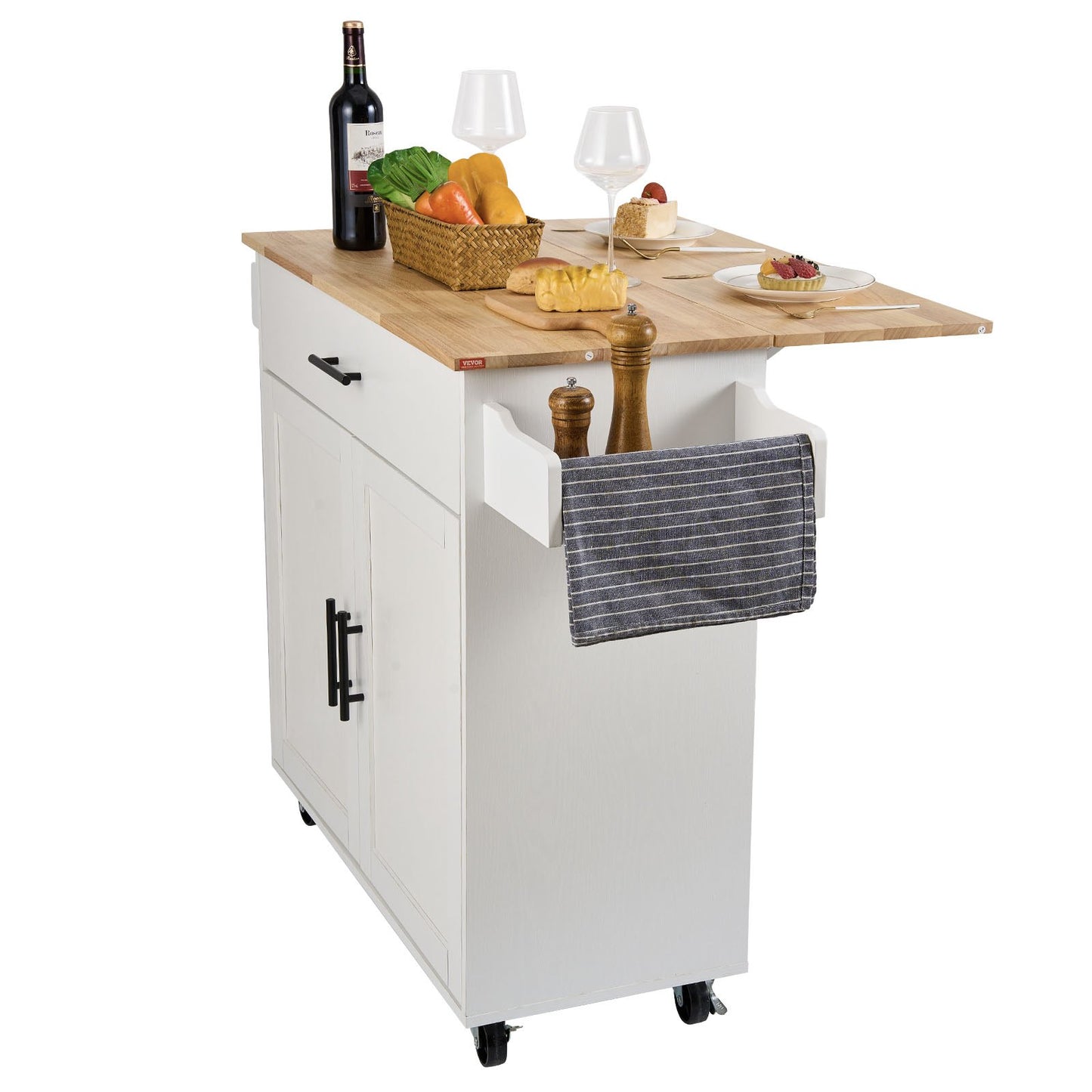 Kitchen Island Cart with Solid Wood Top, 35.4" Wide Mobile Carts with Storage Cabinets, Rolling Kitchen Table with Spice Rack, Towel Rack, Drop Leaf and Drawer, Portable Islands on Wheels, White