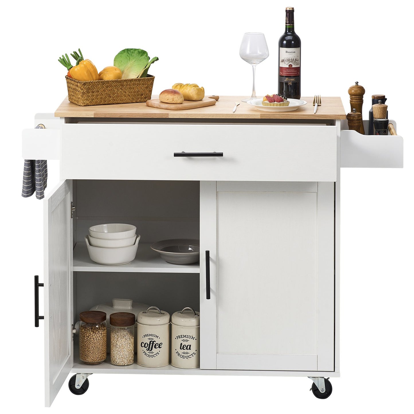 Kitchen Island Cart with Solid Wood Top, 35.4" Wide Mobile Carts with Storage Cabinets, Rolling Kitchen Table with Spice Rack, Towel Rack, Drop Leaf and Drawer, Portable Islands on Wheels, White