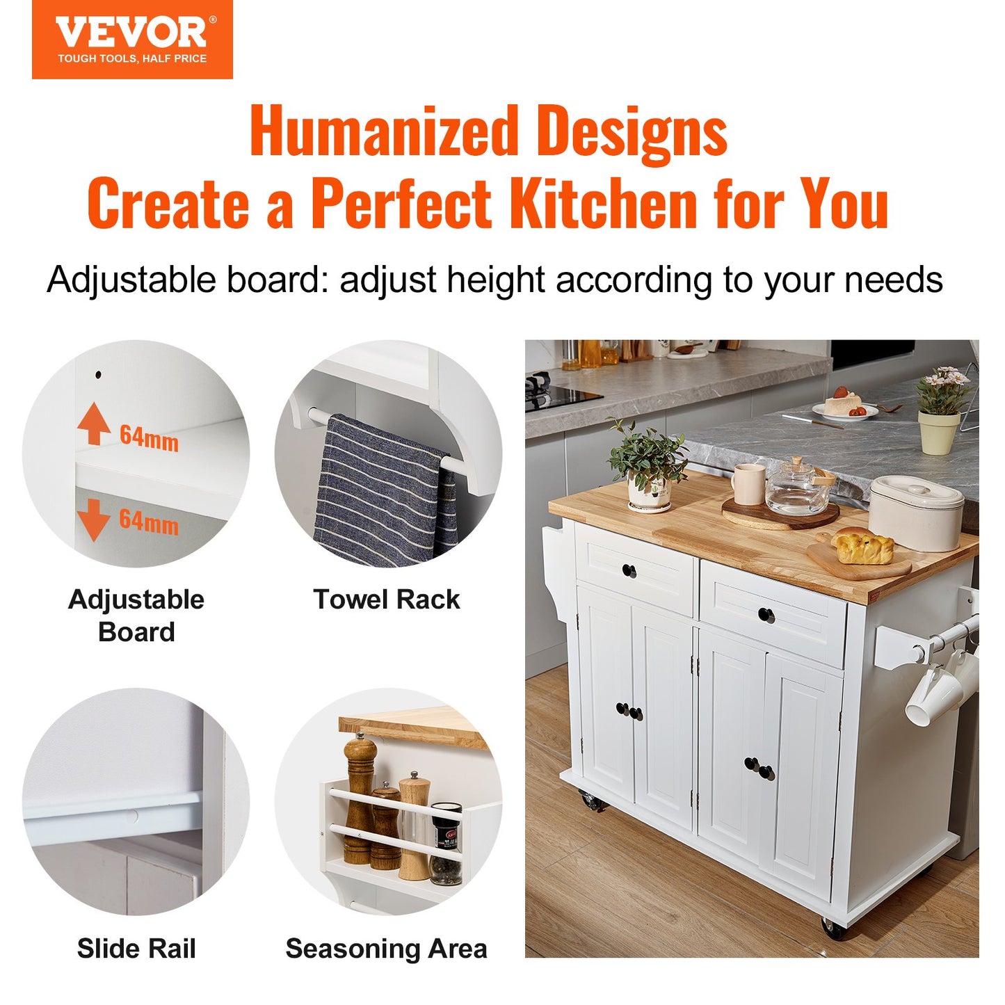 Kitchen Island Cart with Solid Wood Top, 35.4" Wide Mobile Carts with Storage Cabinets, Rolling Kitchen Table with Spice Rack, Towel Rack and Drawer, Portable Islands on Wheels, White
