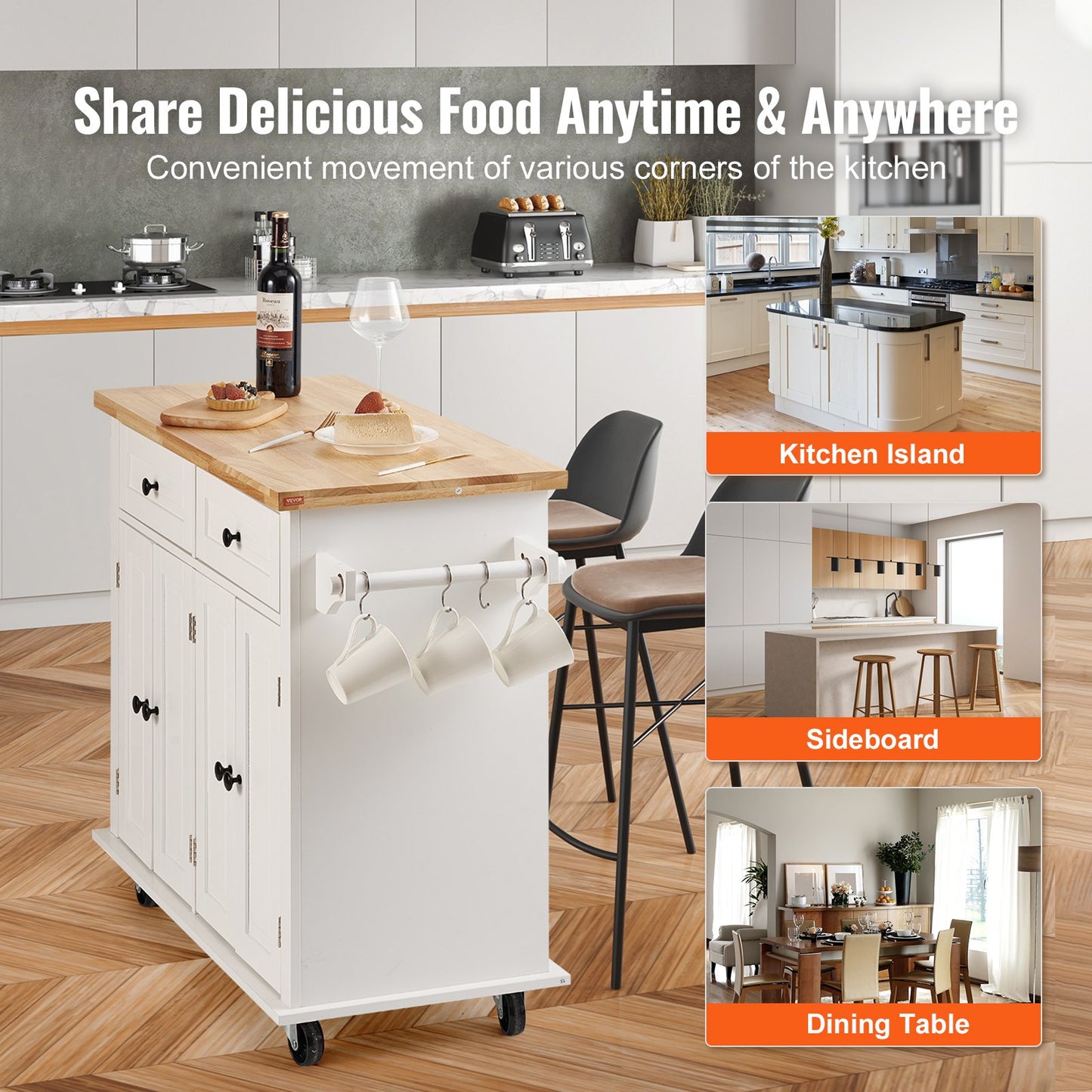 Kitchen Island Cart with Solid Wood Top, 35.4" Wide Mobile Carts with Storage Cabinets, Rolling Kitchen Table with Spice Rack, Towel Rack and Drawer, Portable Islands on Wheels, White