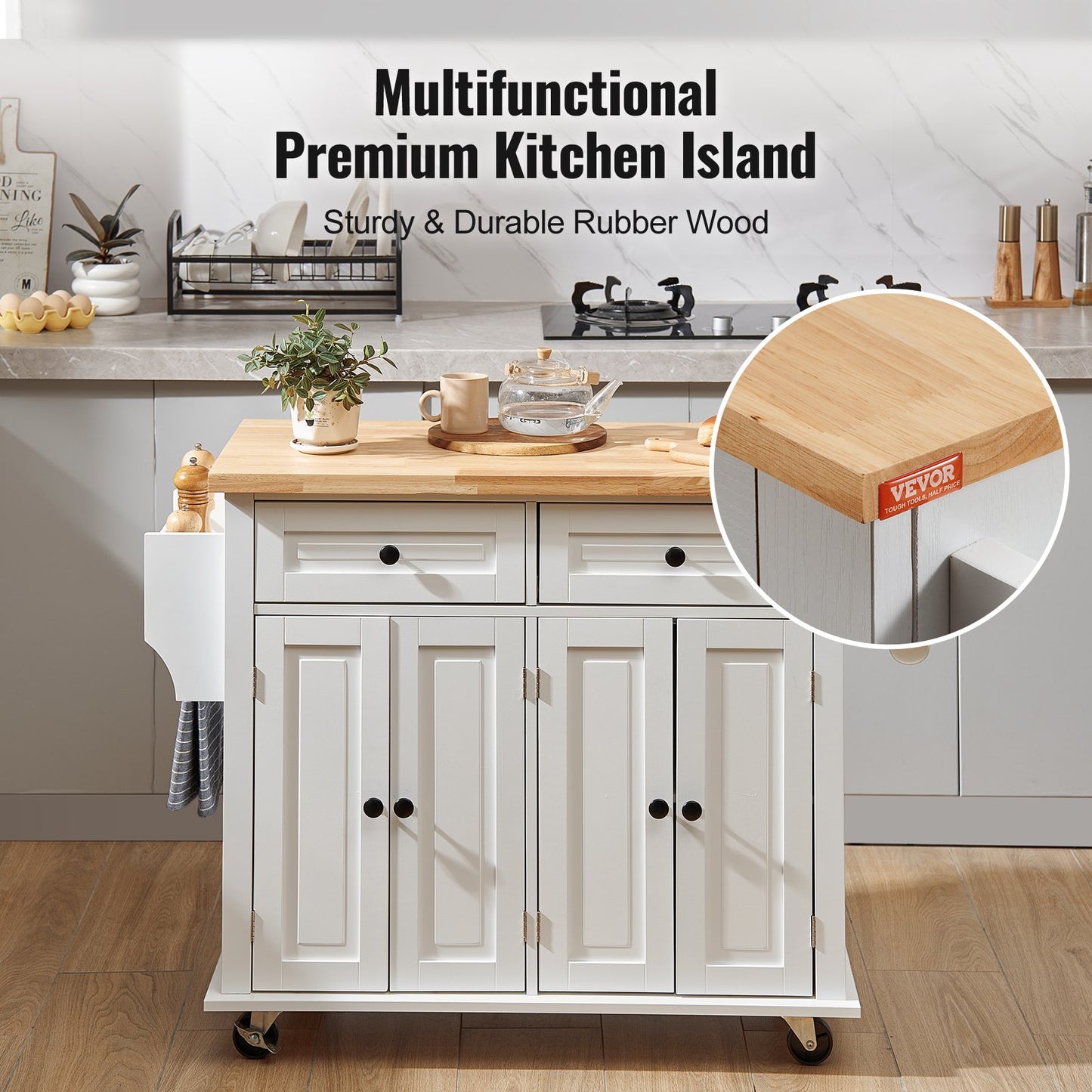 Kitchen Island Cart with Solid Wood Top, 35.4" Wide Mobile Carts with Storage Cabinets, Rolling Kitchen Table with Spice Rack, Towel Rack and Drawer, Portable Islands on Wheels, White