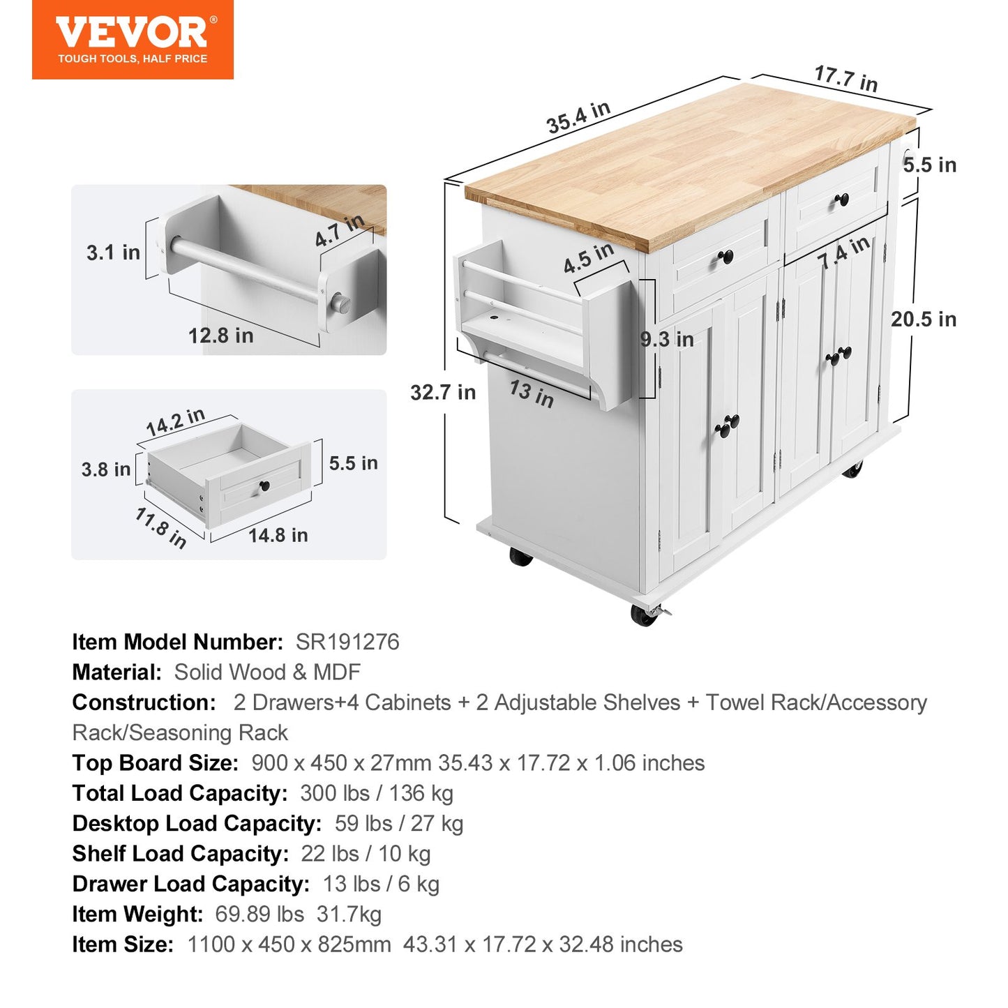 Kitchen Island Cart with Solid Wood Top, 35.4" Wide Mobile Carts with Storage Cabinets, Rolling Kitchen Table with Spice Rack, Towel Rack and Drawer, Portable Islands on Wheels, White