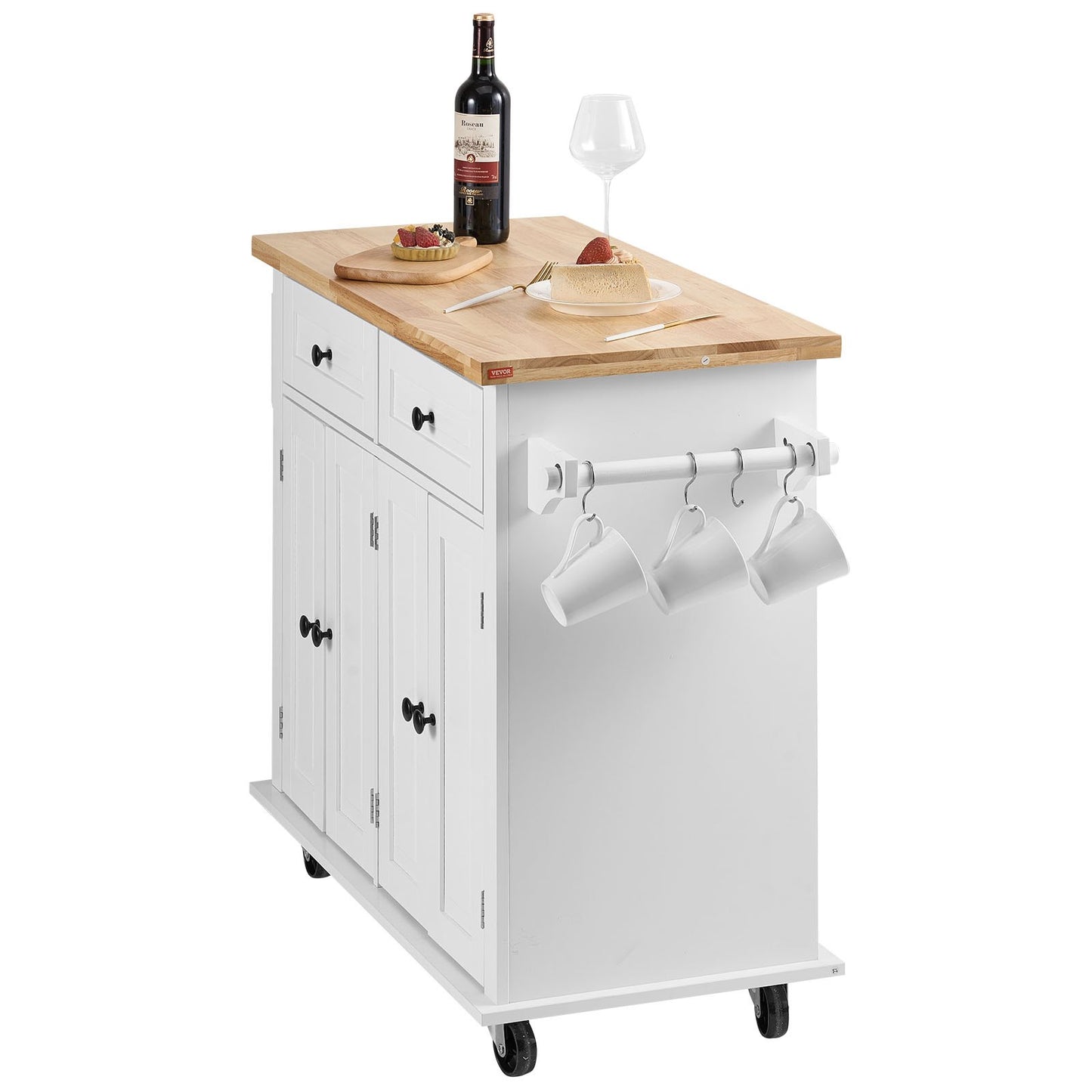 Kitchen Island Cart with Solid Wood Top, 35.4" Wide Mobile Carts with Storage Cabinets, Rolling Kitchen Table with Spice Rack, Towel Rack and Drawer, Portable Islands on Wheels, White