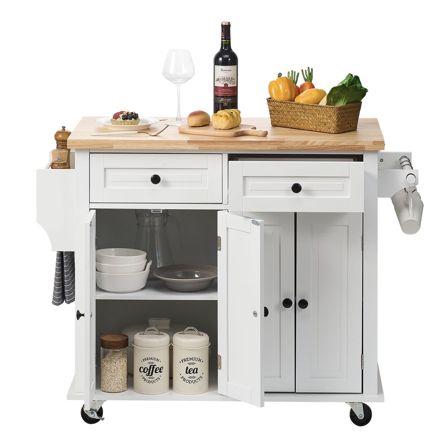 Kitchen Island Cart with Solid Wood Top, 35.4" Wide Mobile Carts with Storage Cabinets, Rolling Kitchen Table with Spice Rack, Towel Rack and Drawer, Portable Islands on Wheels, White