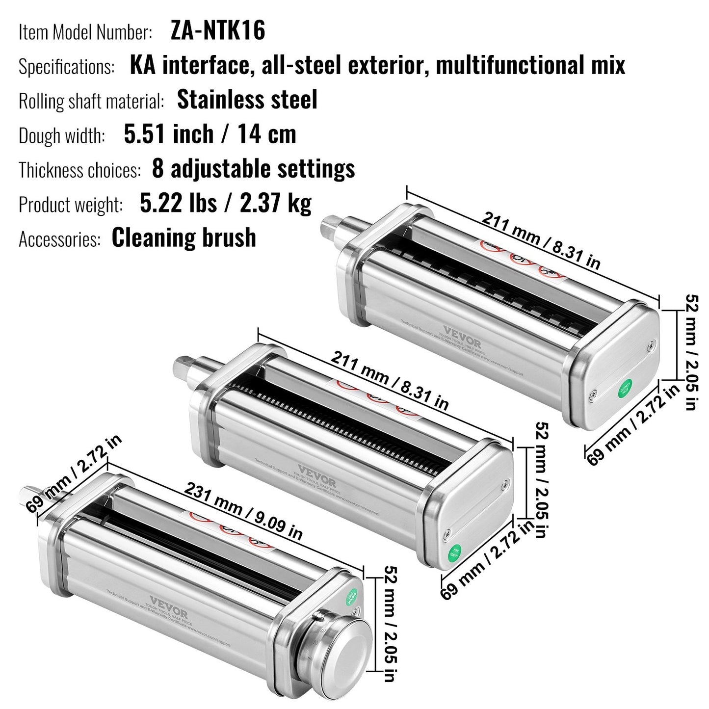 Pasta Accessories for KitchenAid Stand Mixer, Stainless Steel Pasta Roller Cutter Set Including Pasta Roller Roller, Spaghetti and Fettuccine Cutter, 8 Adjustable Thickness Knob Pasta Maker, 3pcs