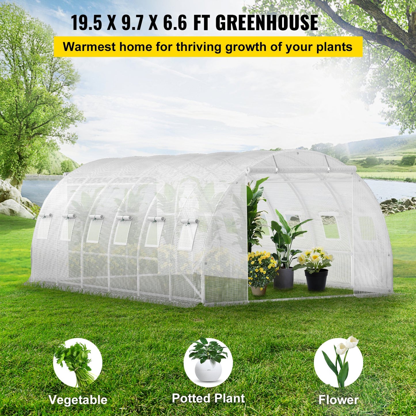Walk-in Tunnel Greenhouse, 20 x 10 x 7 ft. Portable Plant Hot House with Galvanized Steel Frames, 3 Top Beams, 4 Diagonal Posts, 2 Zippered Doors and 12 Roller Windows, White