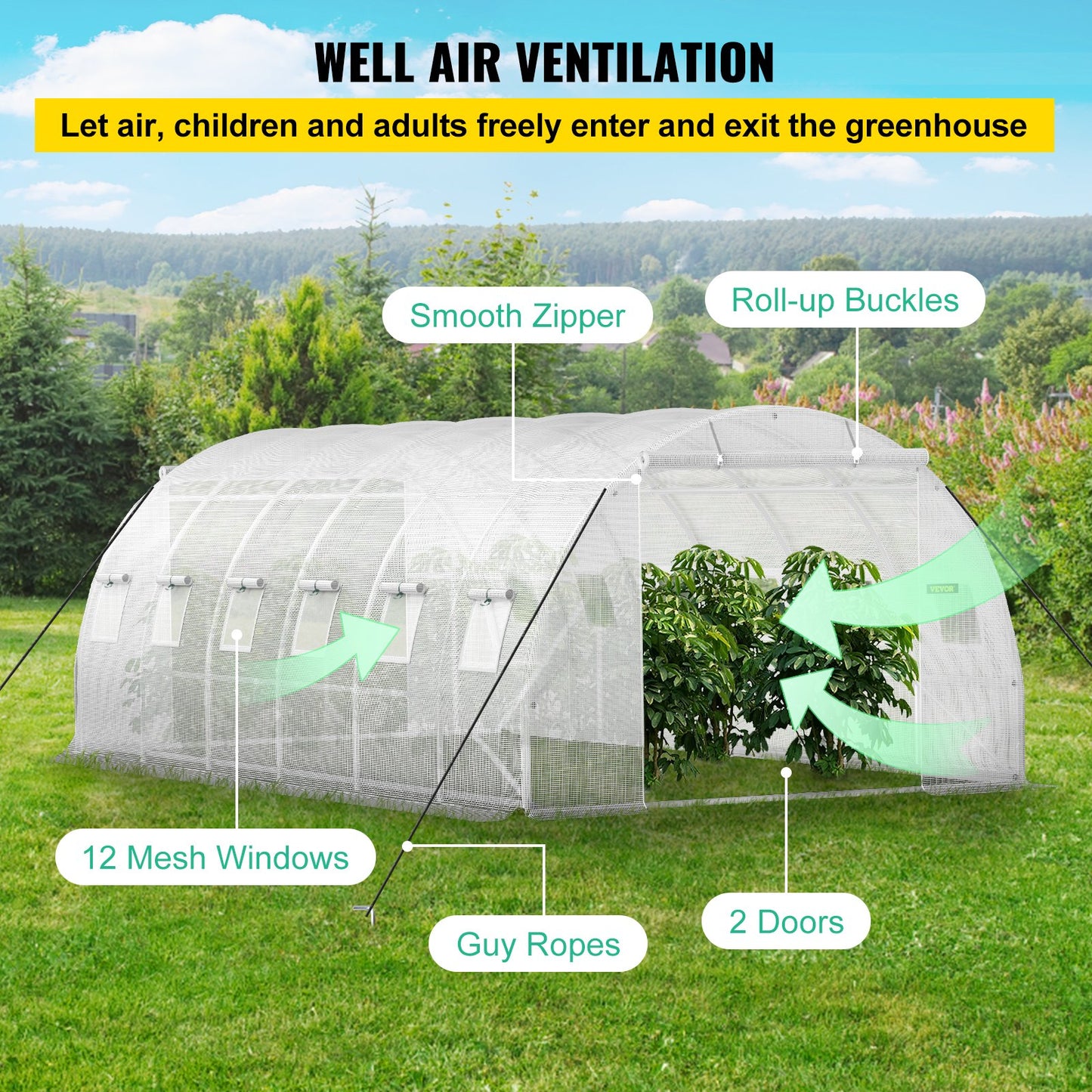 Walk-in Tunnel Greenhouse, 20 x 10 x 7 ft. Portable Plant Hot House with Galvanized Steel Frames, 3 Top Beams, 4 Diagonal Posts, 2 Zippered Doors and 12 Roller Windows, White