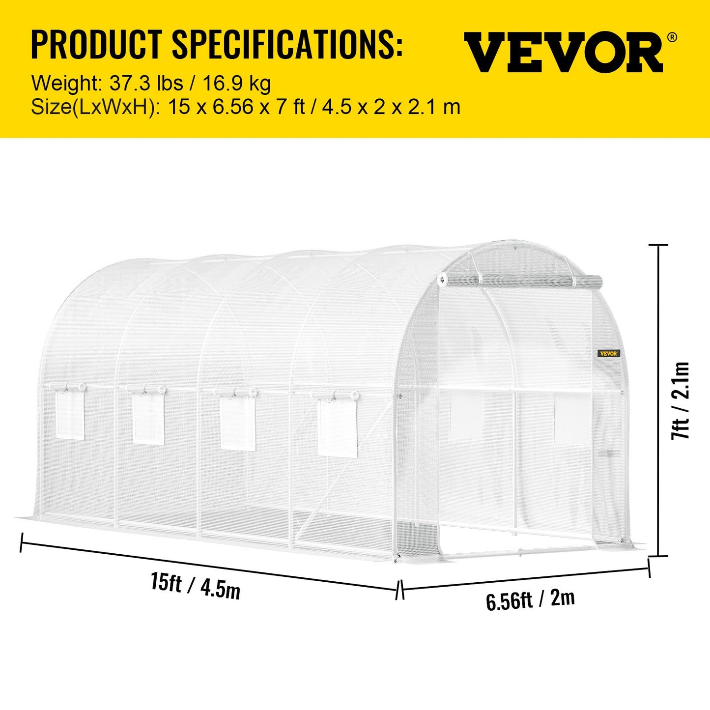 Walk-in Tunnel Greenhouse, 15 x 6.5 x 7 ft Portable Plant Hot House with Galvanized Steel Frames, 1 Top Beam, 2 x Diagonal Posts, 2 Zippered Doors and 8 Roller Windows, White