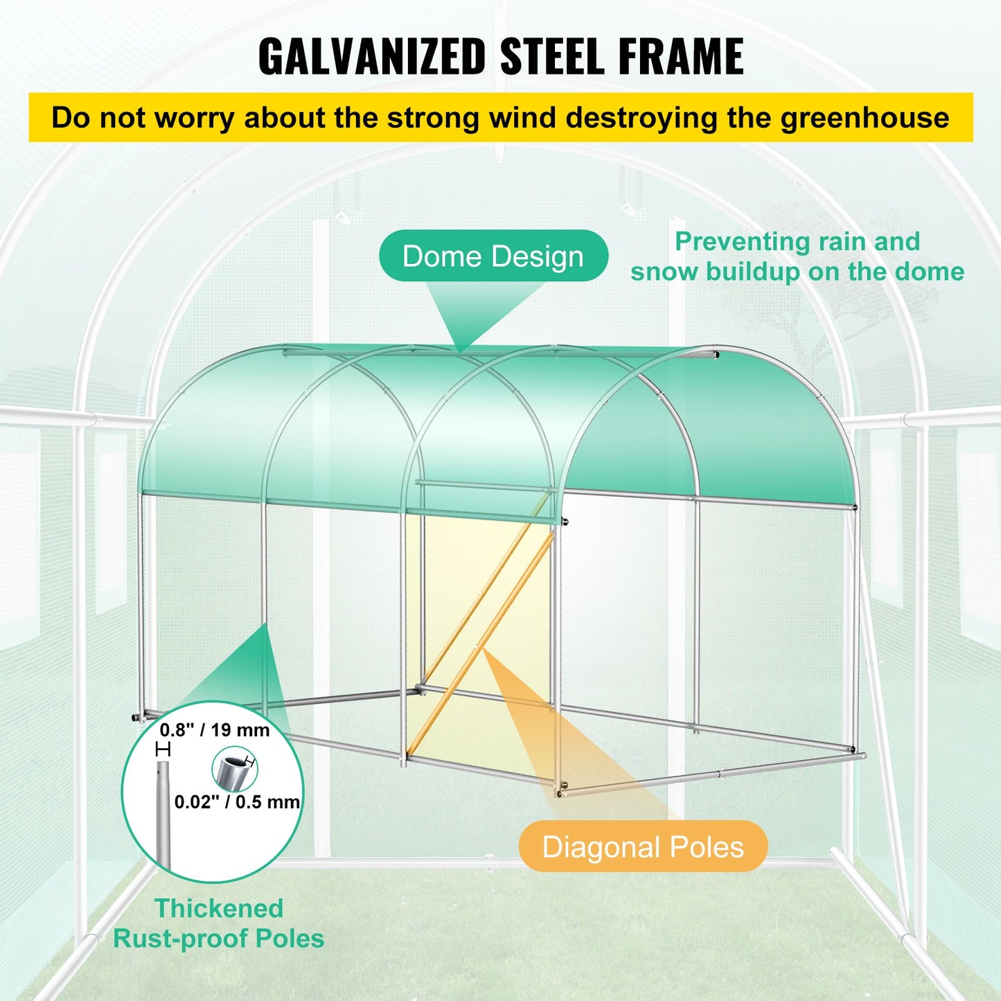 Walk-in Tunnel Greenhouse, 10 x 7 x 7 ft Portable Plant Hot House with Galvanized Steel Frames, 1 Top Beam, Diagonal Posts, Zippered Door and 6 Roll-Up Windows, Green