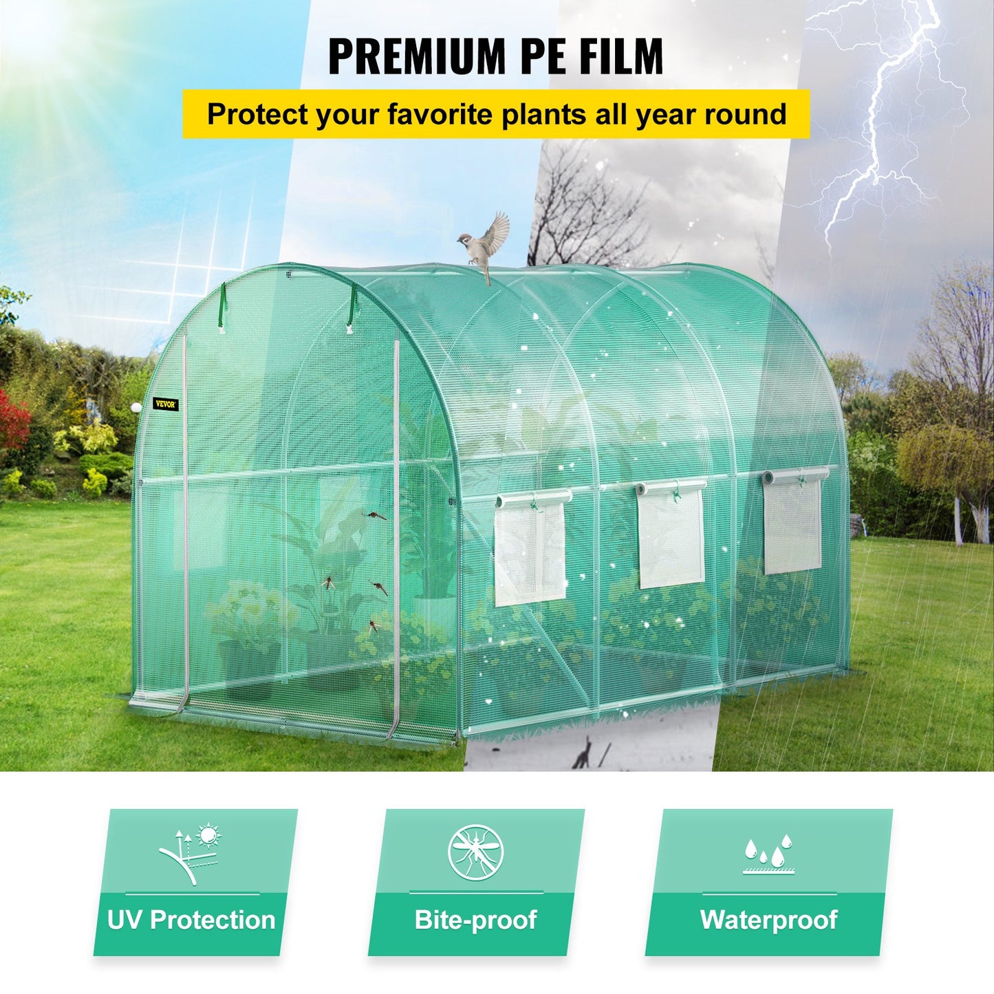 Walk-in Tunnel Greenhouse, 10 x 7 x 7 ft Portable Plant Hot House with Galvanized Steel Frames, 1 Top Beam, Diagonal Posts, Zippered Door and 6 Roll-Up Windows, Green