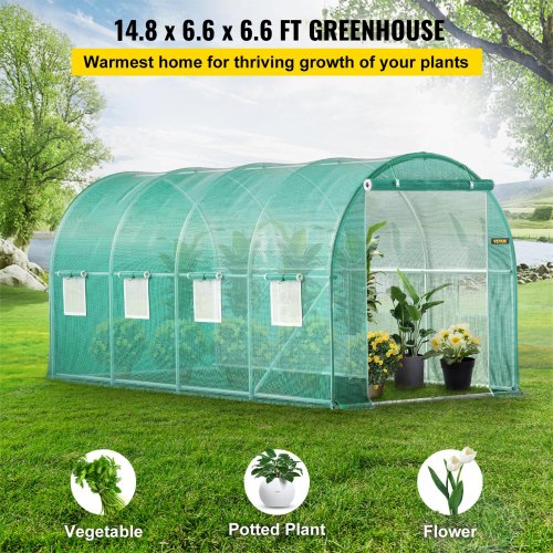 Walk-in tunnel greenhouse, 4.5 x 2 x 2 m / 15 x 7 x 7 ft portable greenhouse with galvanized steel rings, 1 top beam, 2 diagonal bars, 2 zippered doors and 8 roller windows, green | EU