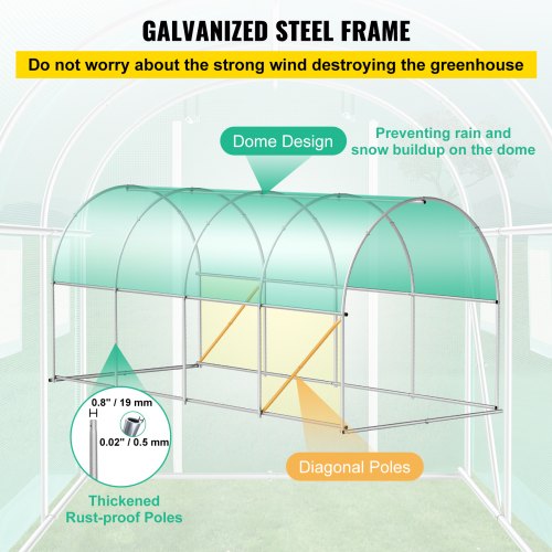 Walk-in tunnel greenhouse, 4.5 x 2 x 2 m / 15 x 7 x 7 ft portable greenhouse with galvanized steel rings, 1 top beam, 2 diagonal bars, 2 zippered doors and 8 roller windows, green | EU