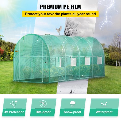 Walk-in tunnel greenhouse, 4.5 x 2 x 2 m / 15 x 7 x 7 ft portable greenhouse with galvanized steel rings, 1 top beam, 2 diagonal bars, 2 zippered doors and 8 roller windows, green | EU