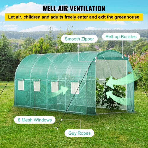 Walk-in tunnel greenhouse, 4.5 x 2 x 2 m / 15 x 7 x 7 ft portable greenhouse with galvanized steel rings, 1 top beam, 2 diagonal bars, 2 zippered doors and 8 roller windows, green | EU