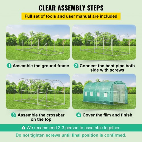 Walk-in tunnel greenhouse, 4.5 x 2 x 2 m / 15 x 7 x 7 ft portable greenhouse with galvanized steel rings, 1 top beam, 2 diagonal bars, 2 zippered doors and 8 roller windows, green | EU