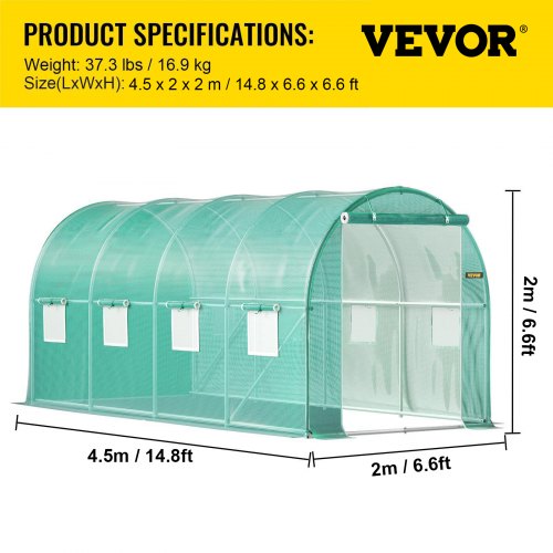 Walk-in tunnel greenhouse, 4.5 x 2 x 2 m / 15 x 7 x 7 ft portable greenhouse with galvanized steel rings, 1 top beam, 2 diagonal bars, 2 zippered doors and 8 roller windows, green | EU