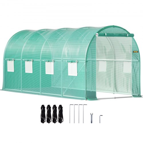 Walk-in tunnel greenhouse, 4.5 x 2 x 2 m / 15 x 7 x 7 ft portable greenhouse with galvanized steel rings, 1 top beam, 2 diagonal bars, 2 zippered doors and 8 roller windows, green | EU