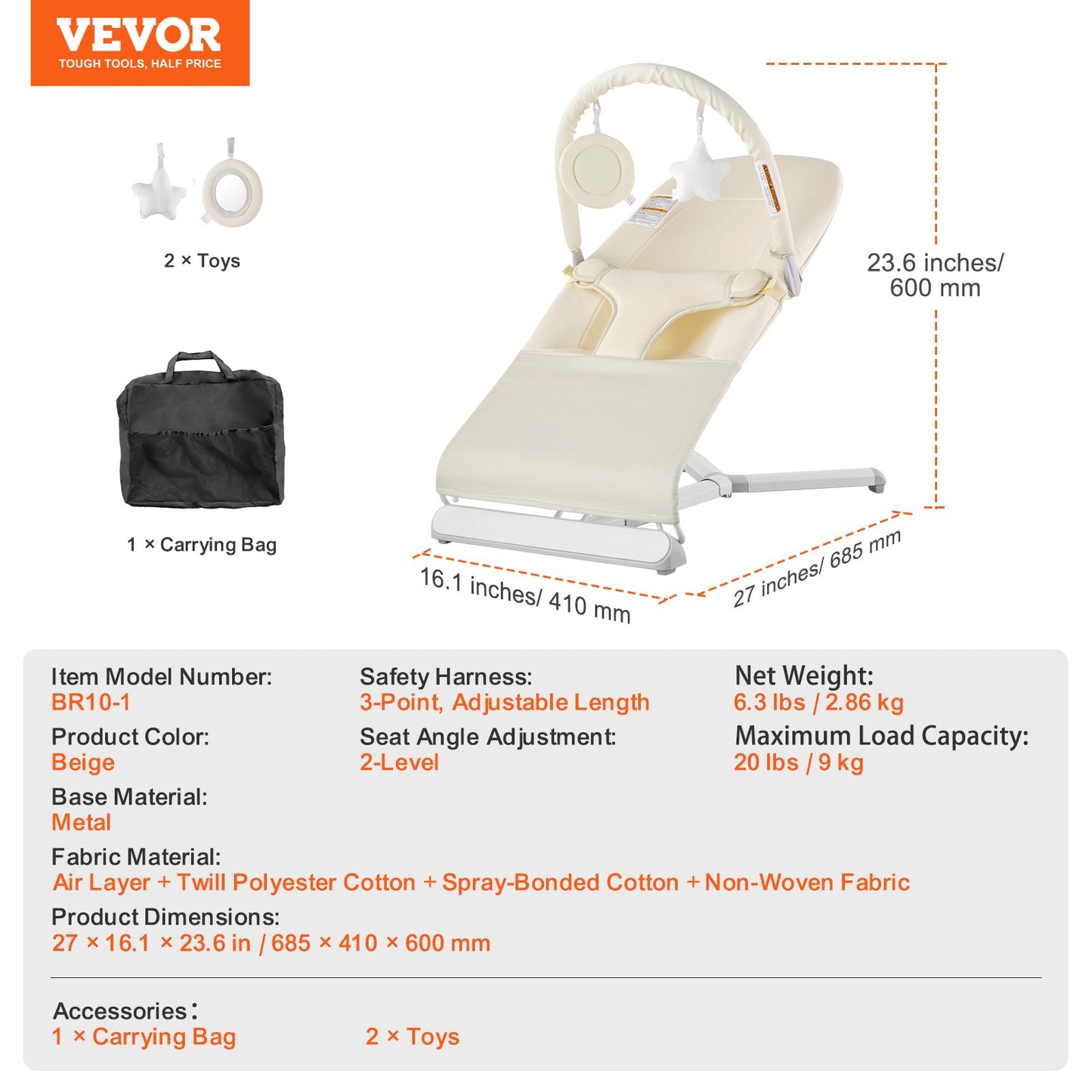 Baby Bouncer Folding Bouncer Seat Stol för spädbarn 0-9 månader med Toy Bar