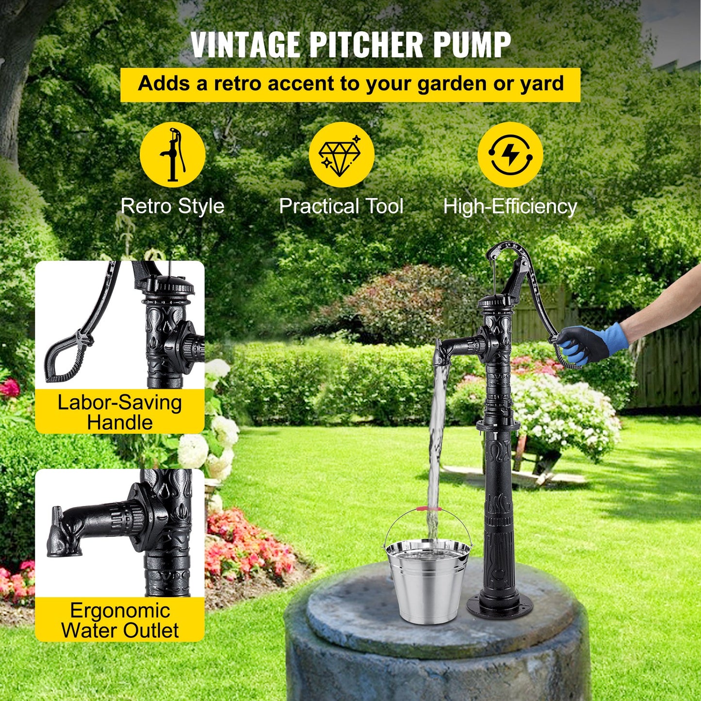 Hand Water Pump with Stand, 15.7 x 9.4 x 53.1 Inch Jug Pump and 26 Inch Pump Stand with Pre-Set 1/2" Holes for Easy Installation, Rustic Cast Iron Well Pump for Garden, Yard, Yard Irrigation, Black