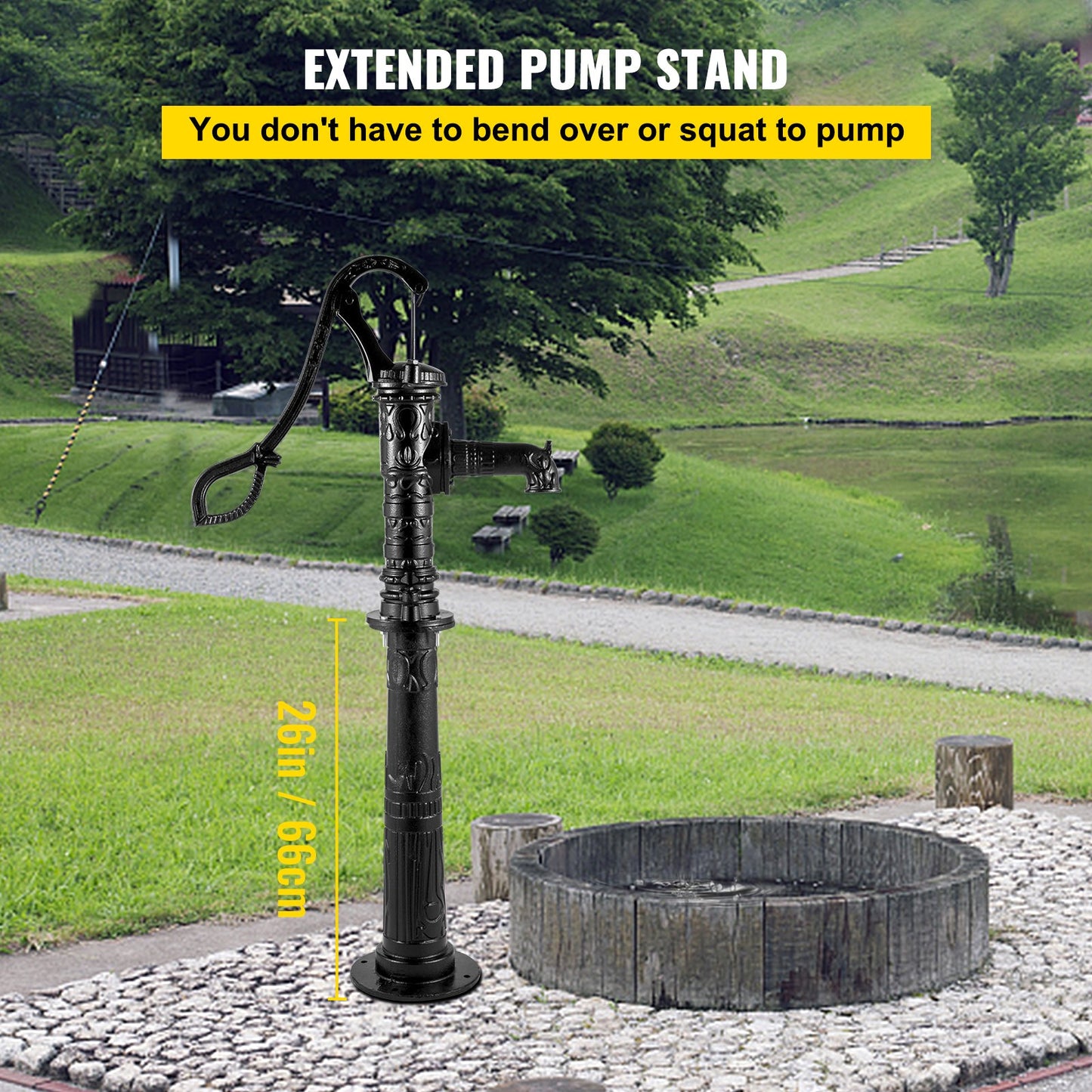 Hand Water Pump with Stand, 15.7 x 9.4 x 53.1 Inch Jug Pump and 26 Inch Pump Stand with Pre-Set 1/2" Holes for Easy Installation, Rustic Cast Iron Well Pump for Garden, Yard, Yard Irrigation, Black
