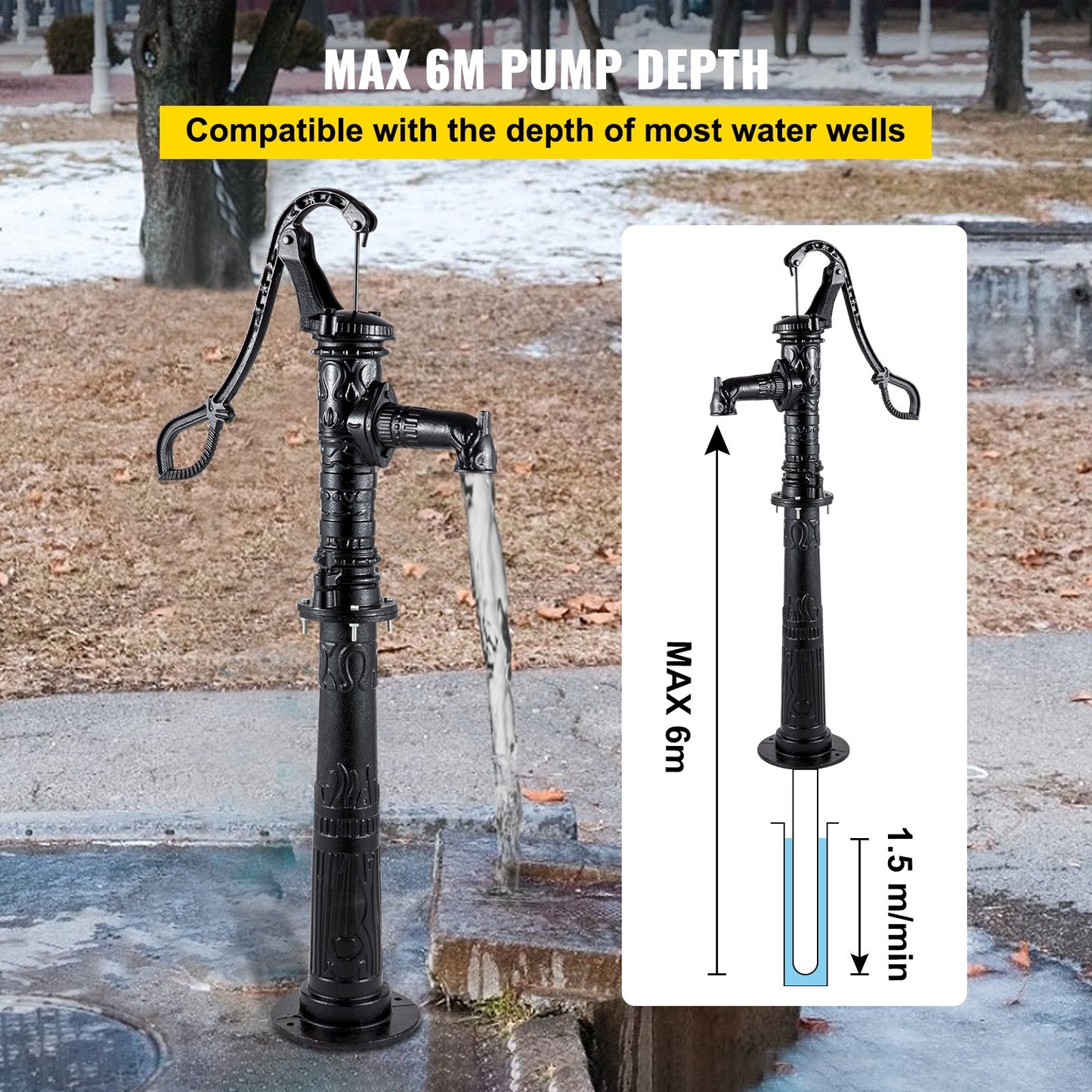 Hand Water Pump with Stand, 15.7 x 9.4 x 53.1 Inch Jug Pump and 26 Inch Pump Stand with Pre-Set 1/2" Holes for Easy Installation, Rustic Cast Iron Well Pump for Garden, Yard, Yard Irrigation, Black