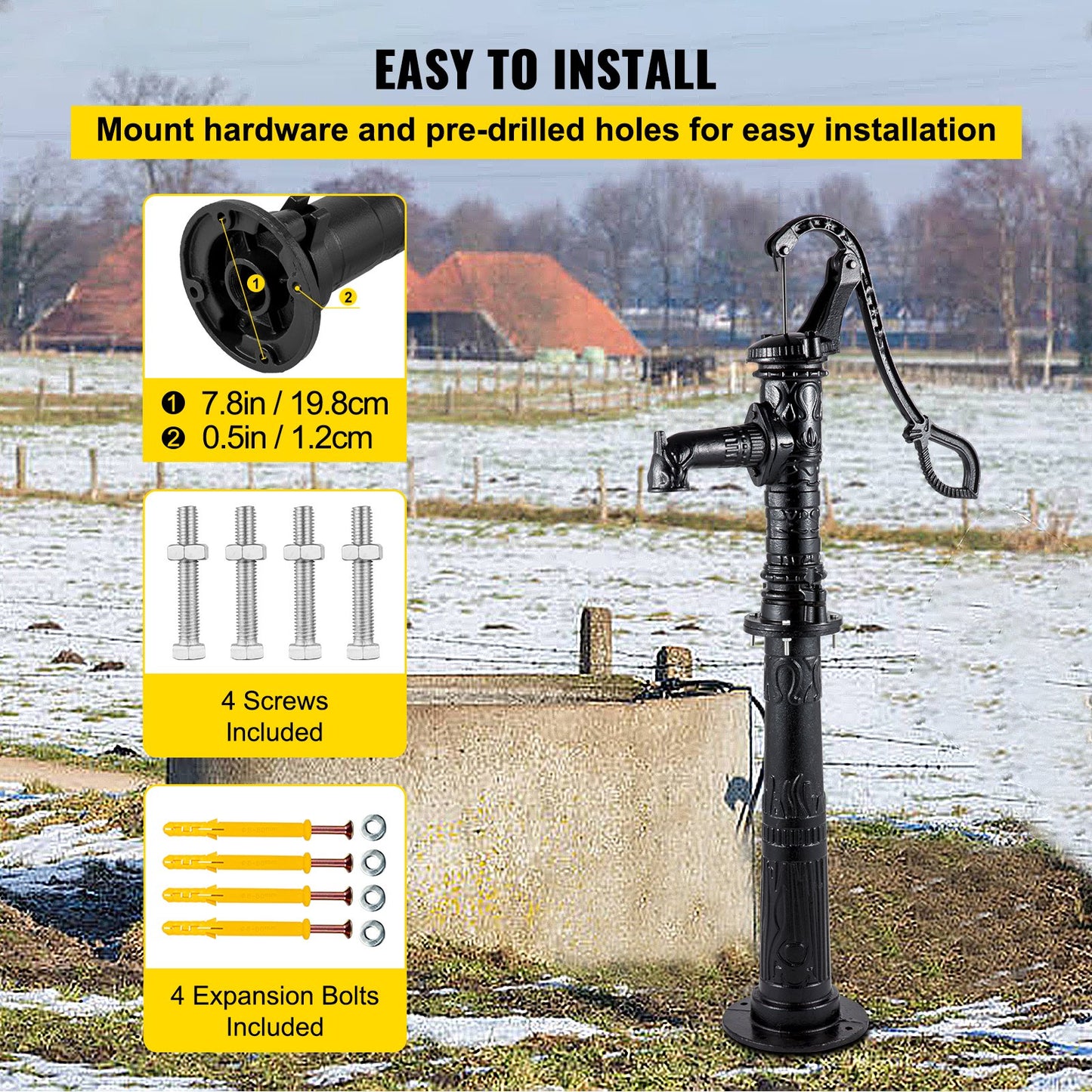Hand Water Pump with Stand, 15.7 x 9.4 x 53.1 Inch Jug Pump and 26 Inch Pump Stand with Pre-Set 1/2" Holes for Easy Installation, Rustic Cast Iron Well Pump for Garden, Yard, Yard Irrigation, Black