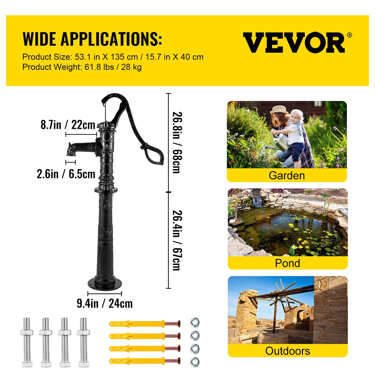 Hand Water Pump with Stand, 15.7 x 9.4 x 53.1 Inch Jug Pump and 26 Inch Pump Stand with Pre-Set 1/2" Holes for Easy Installation, Rustic Cast Iron Well Pump for Garden, Yard, Yard Irrigation, Black