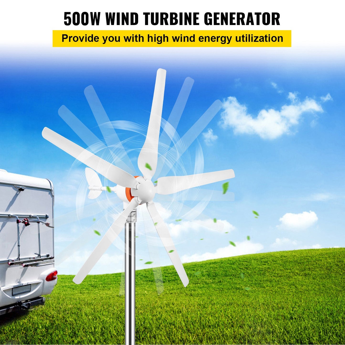 Wind turbine generator, 12V/AC wind turbine kit, 500W wind power generator with MPPT controller 5 blades Automatic adjustment upwards Suitable for terrace, marine, motorhome, cottage, boat
