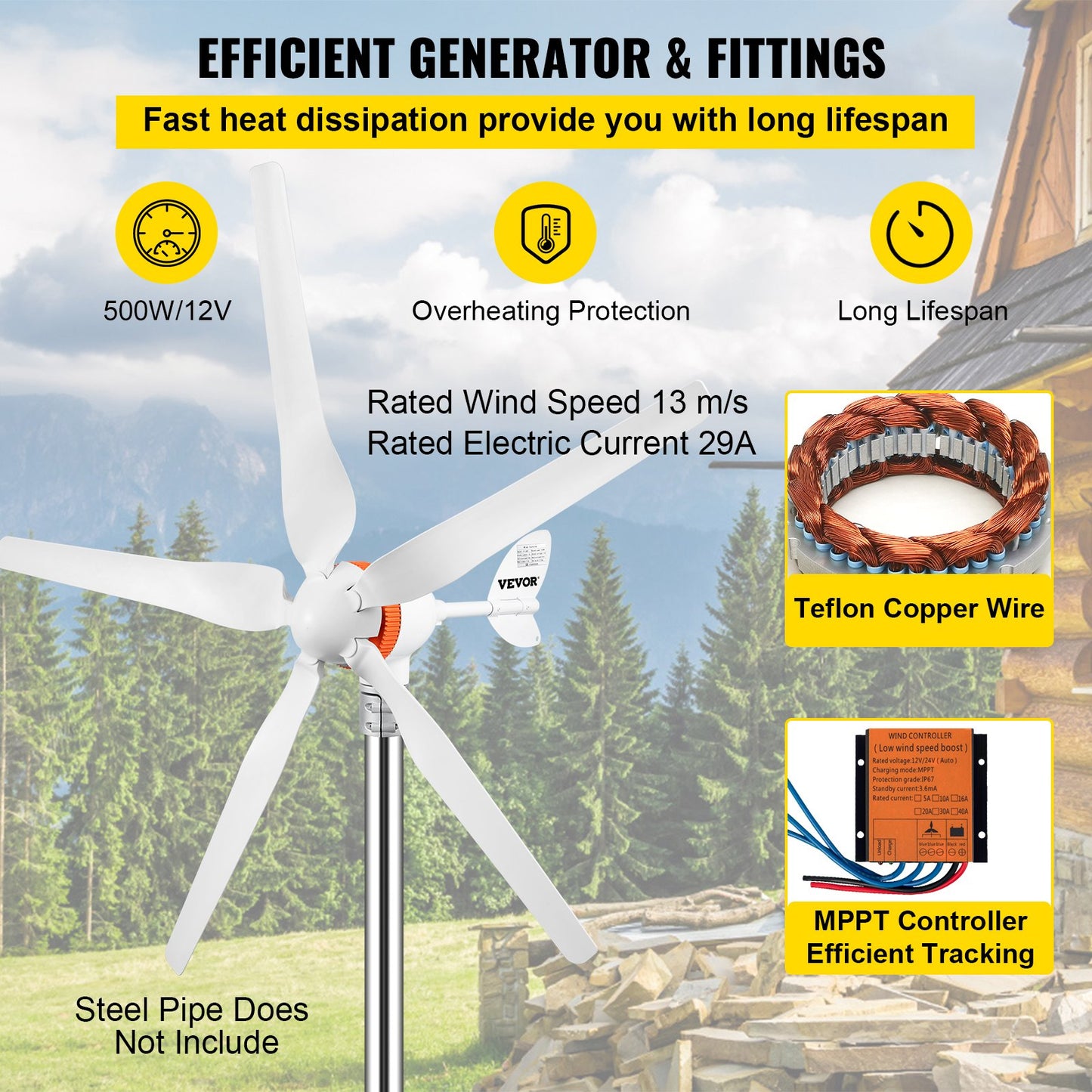 Wind turbine generator, 12V/AC wind turbine kit, 500W wind power generator with MPPT controller 5 blades Automatic adjustment upwards Suitable for terrace, marine, motorhome, cottage, boat