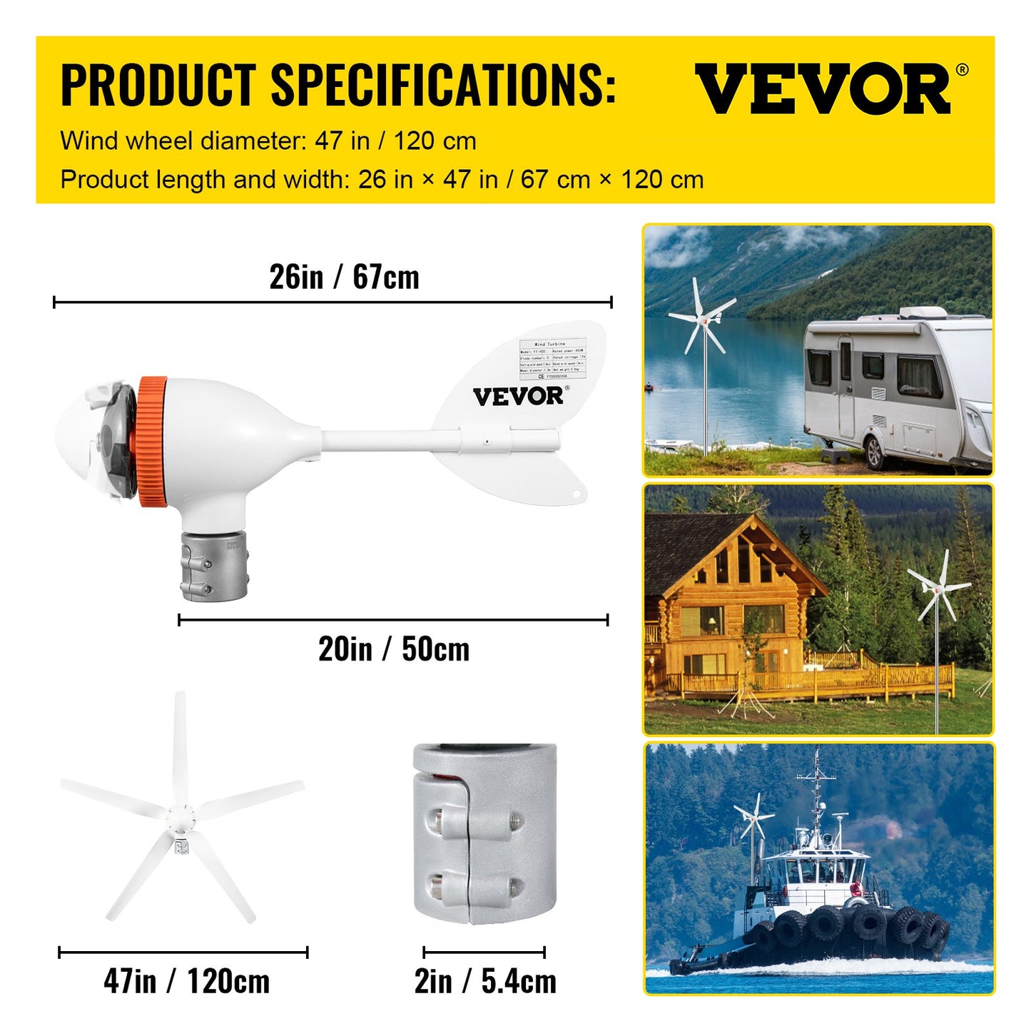 Wind turbine generator, 12V/AC wind turbine kit, 500W wind power generator with MPPT controller 5 blades Automatic adjustment upwards Suitable for terrace, marine, motorhome, cottage, boat