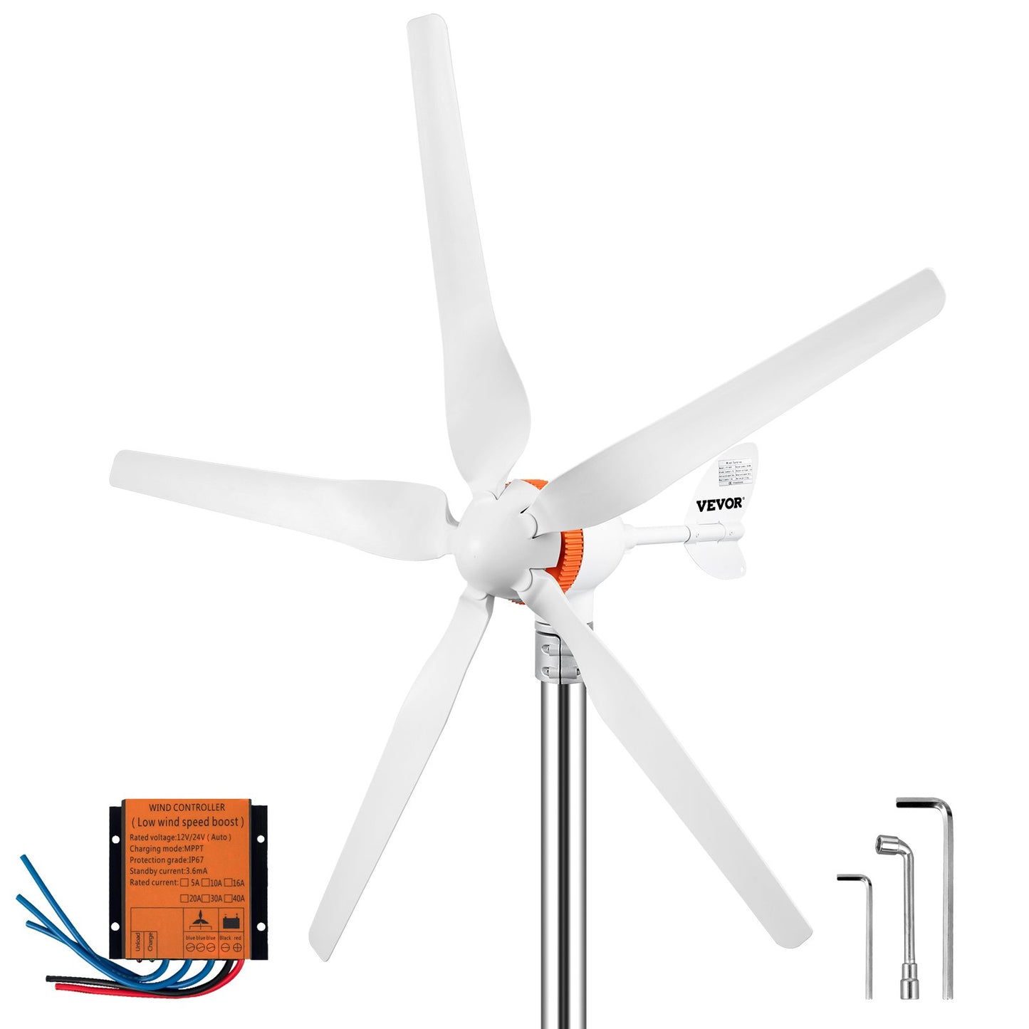 Wind turbine generator, 12V/AC wind turbine kit, 500W wind power generator with MPPT controller 5 blades Automatic adjustment upwards Suitable for terrace, marine, motorhome, cottage, boat