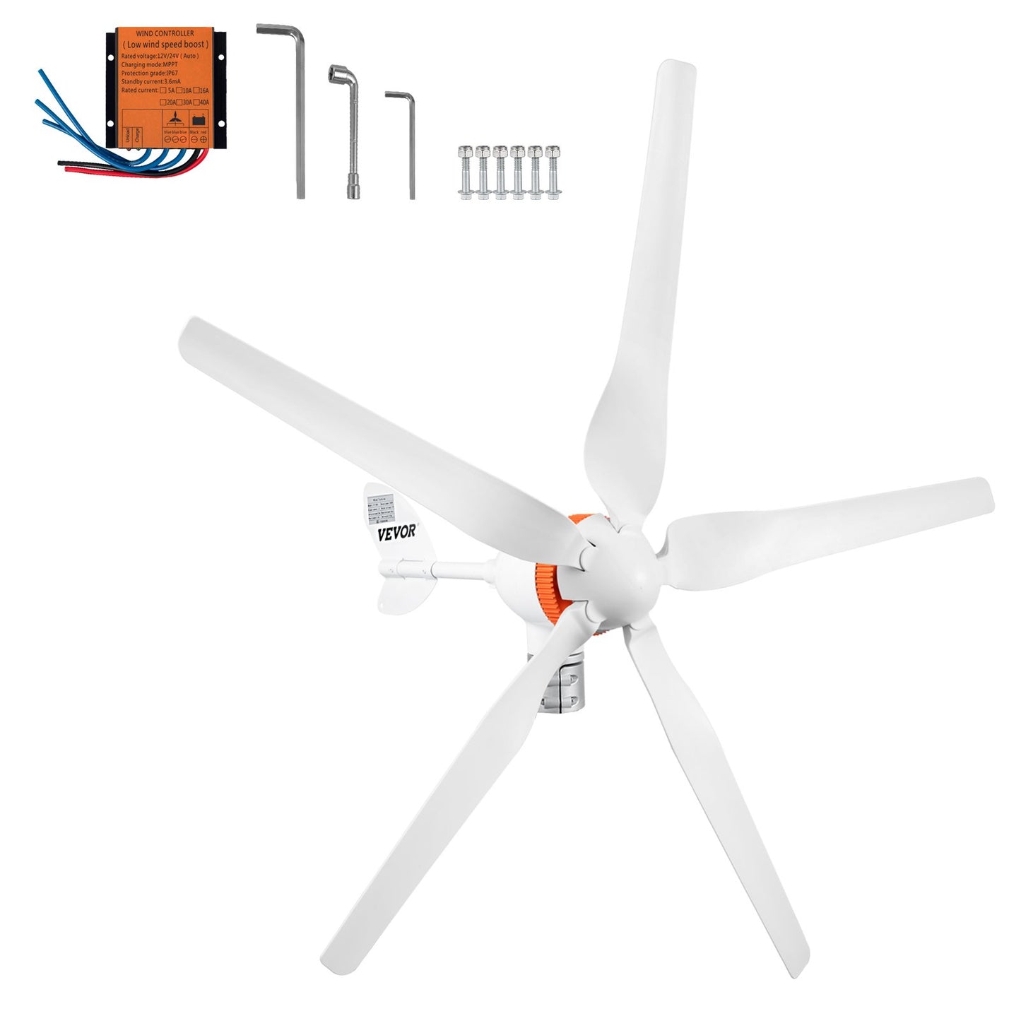Wind turbine generator, 12V/AC wind turbine kit, 500W wind power generator with MPPT controller 5 blades Automatic adjustment upwards Suitable for terrace, marine, motorhome, cottage, boat