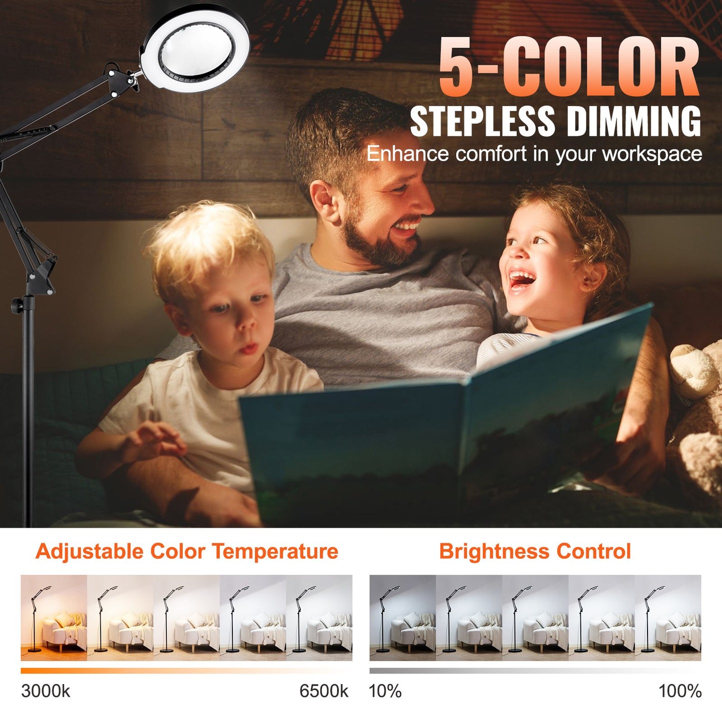 5X golvförstoringsglas med ljus och stativ LED 5 färglägen 3-i-1