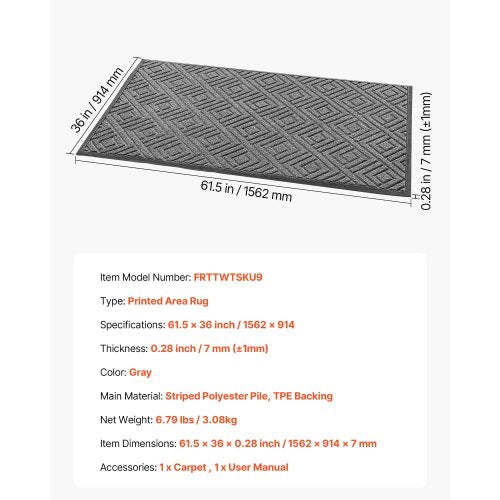 ytterdörrsmatta, 1562 x 914 mm kommersiell golvmatta för inomhus och utomhus, modern snygg heltäckningsmatta med TPE-baksida, kraftig tvättbar industriell entrématta för hall, balkong, garage, grå | EU
